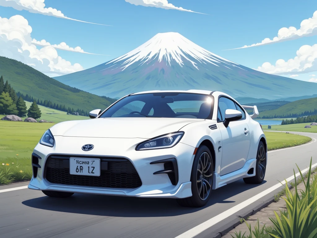 GR86、whitecar、Mount Fuji、 anime style