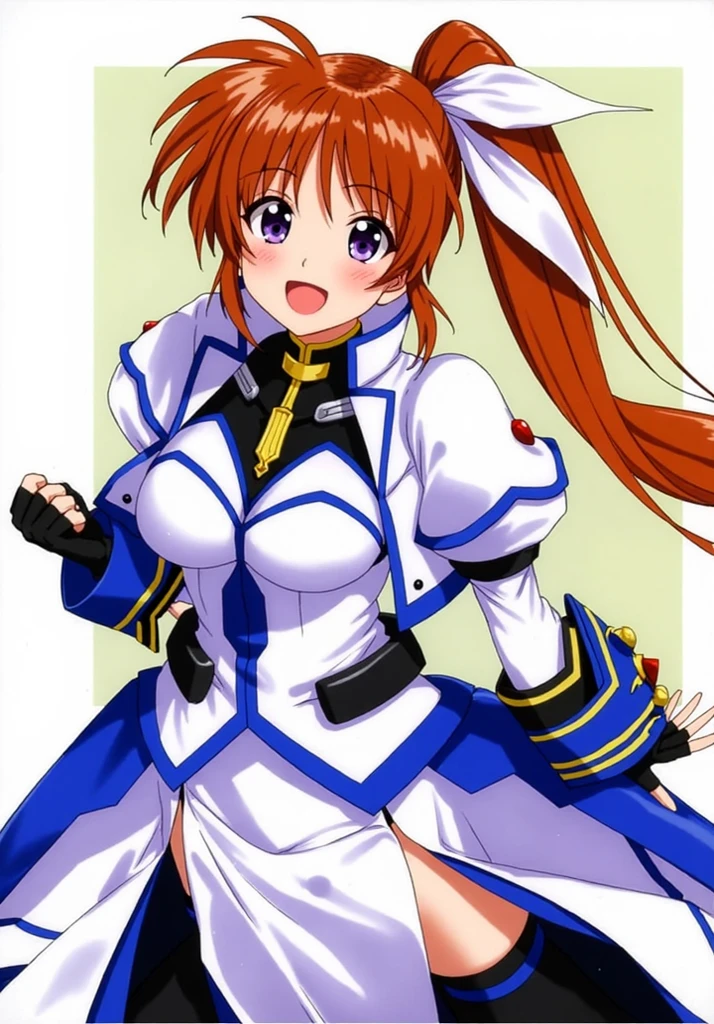 Super high quality、3Dimage:1.5、Nanoha、solo、(highest quality:1.2),highly detailed face, (Magical Girl Lyrical Nanoha), one girl、null、long hair, blue eyes, brown hair, hair ribbon, (side ponytail:1.5), white ribbon,break magical girl, Jacket, collar, puffy sleeves, long sleeve, white jacket,a little blue, Nagai skirt、Highly detailed CG, (perfect hands, perfect anatomy),whole、Front view、solo、best pictures, soft light,8Kimage、Take off your clothes and seduce me on the bed、Masturbate naked and climax