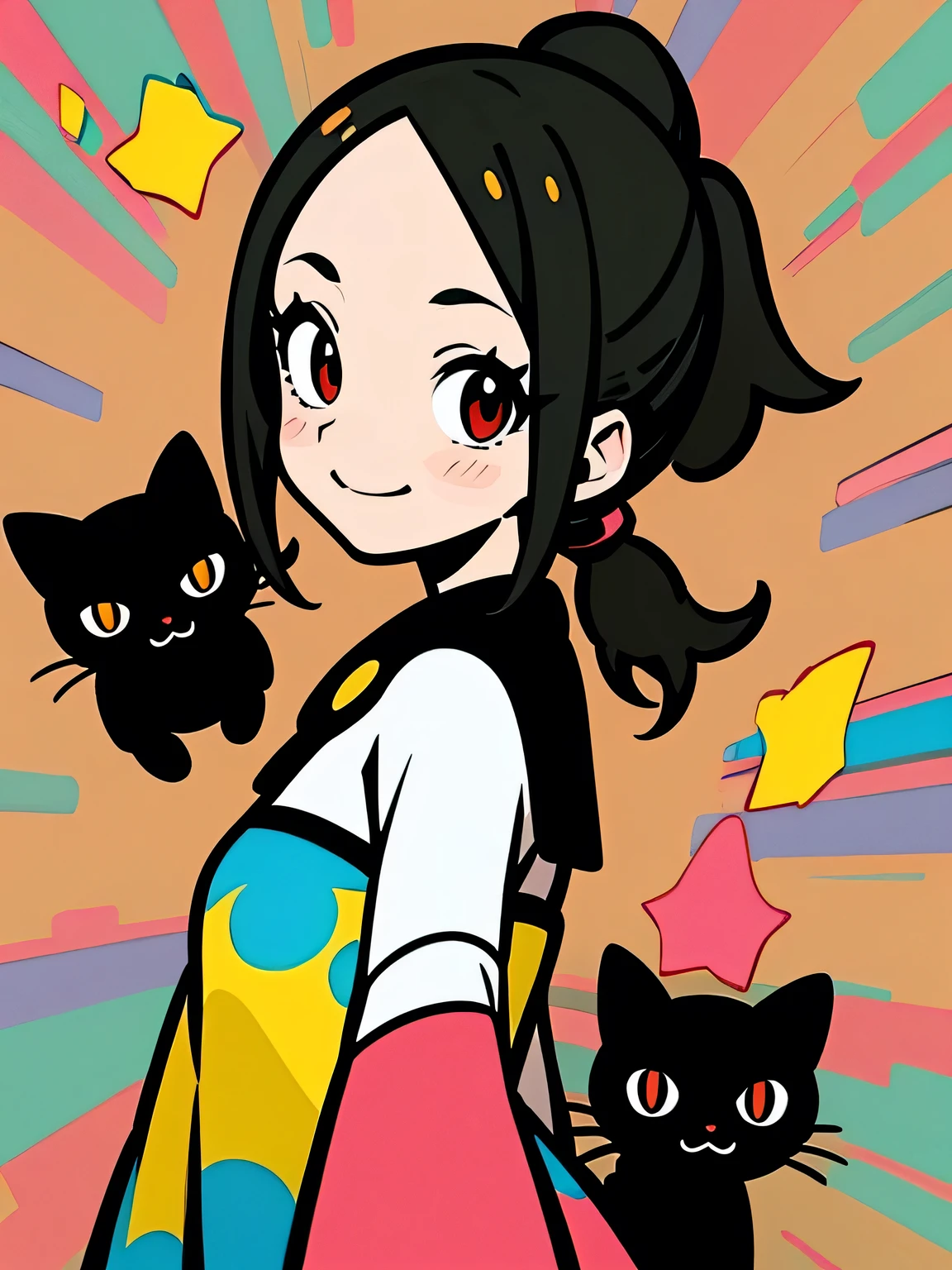 sideview,alone,(looking at viewer:1.3),(upperbody)blac ponytail,big forehead,red eyes,eyelash,(offshoulder),cute frill dress,graffity,smile,with black cat,pastel gradation,good model pose,Murakami Takashi,misterious 万華鏡 background,(comicart  :1.3),(illustration),