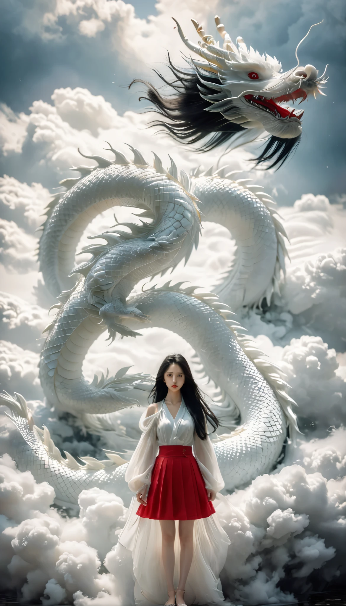 1 girl, alone, full body, long hair, chest, looking at the viewer, black hair, red skirt, closed mouth, Are standing, cloud, lips, cloudy, null, white dragon,Dragon CB,