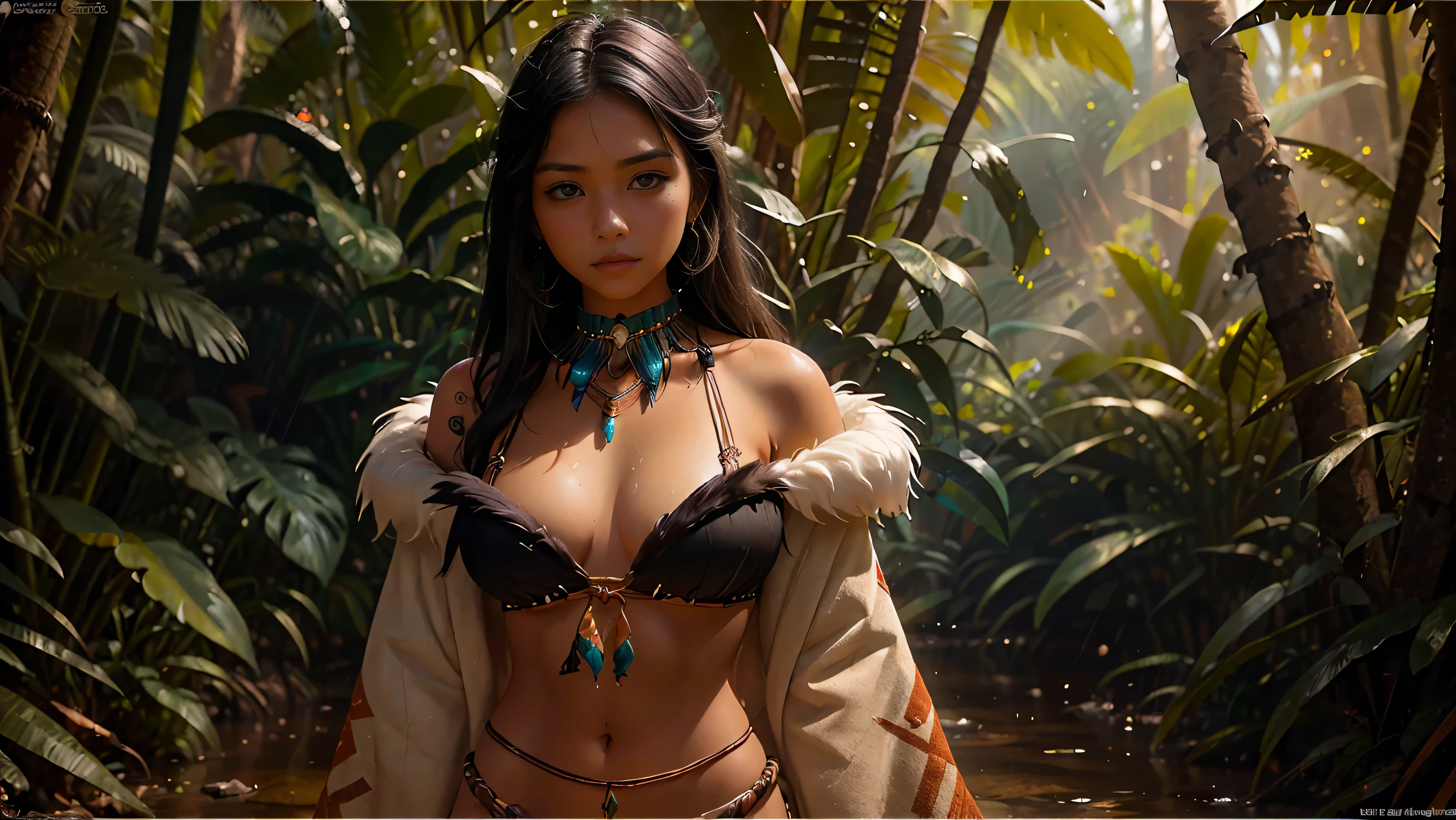 ((masterpiece)), ((best quality)), ((highres)), extremely detailed)), 1 girl as Pocahontas costume, full body, Beautiful Native American woman, mature woman, Big breast, (super realistic), (peerless beauty), detailed skin texture, detailed cloth texture, beautiful detailed face, intricate details, ultra detailed, indigenes feather jewelry, feather headdress, traditional handmade dress, armed female hunter warrior, Smile to viewer, dynamic pose, ((Holding a Bow)), Back view, (((wild west))) environment, in the jungle, ultra realistic, concept art, elegant, ((intricate)), ((highly detailed)), depth of field, ((professionally color graded)), soft ambient lighting, dusk, (Best quality, A high resolution, Photorealistic, primitive, 8K,Masterpiece, ),Best quality, Masterpiec8K.hdr. High ribs:1.2, filmgrain, Blur bokeh:1.2, Lens flare, (vivd colour:1.2), (Delicate),