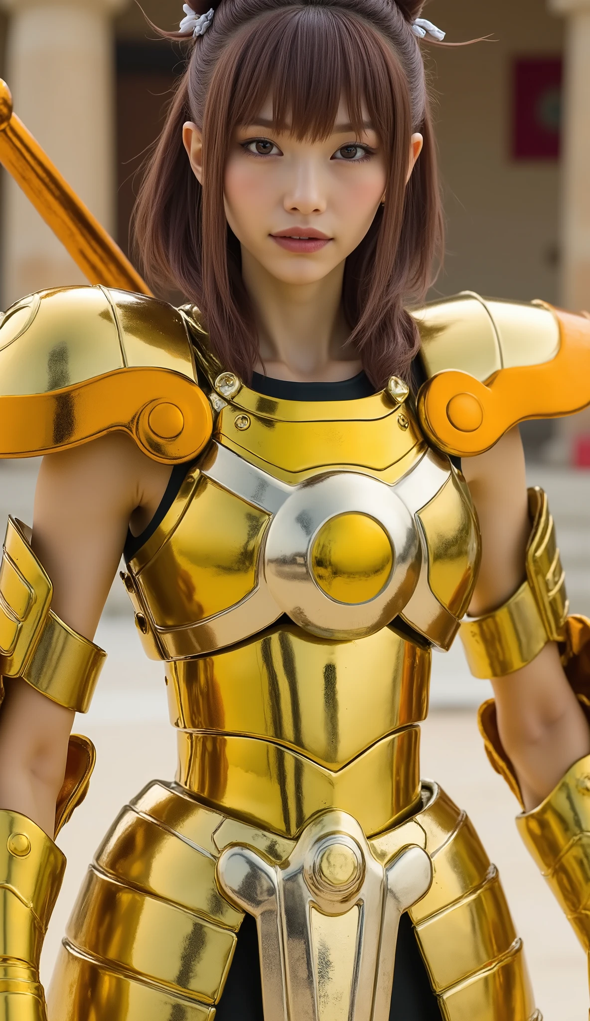  (8k,  best quality , masterpiece:1.2,  VERY DETAILED),( beautiful Japanese woman holding a panty), tousled medium hair, Brown Hair,Healthy ,Shining Golden Armor, Greek Temple Background , full body shot,( Very Real ),(live-action)