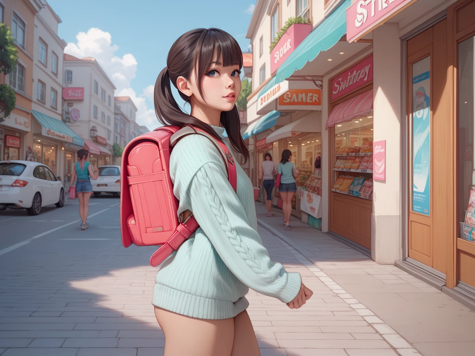 Shopping Street,Petite naked girl walking shyly,short light blue summer sweater,carrying randoseru backpack,side view