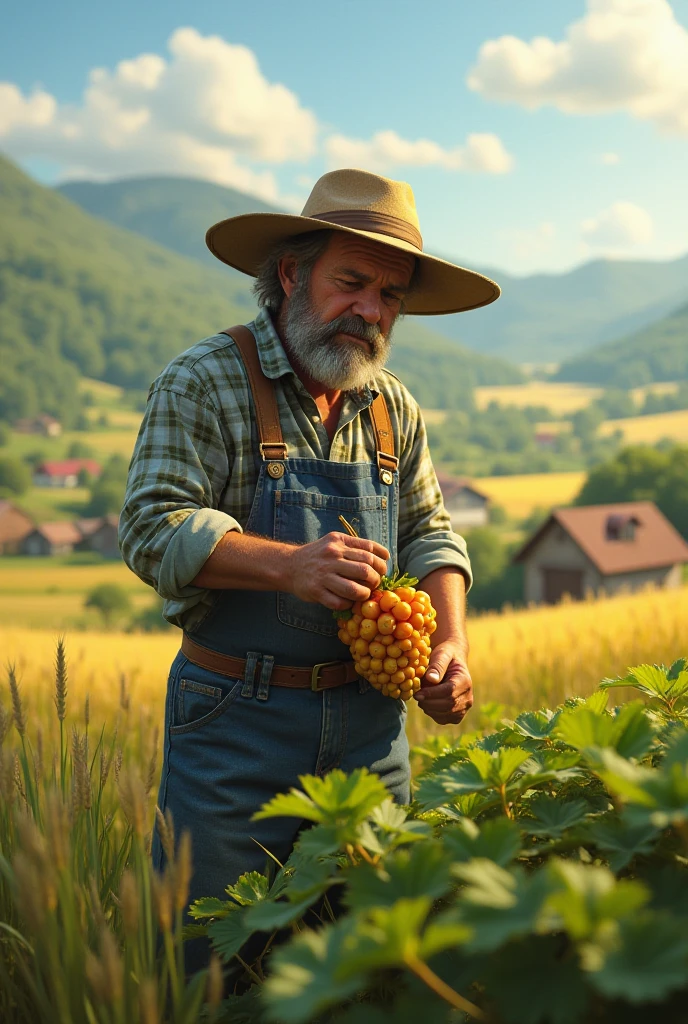 A man is holding his harvest in front of his farm with chickens. 