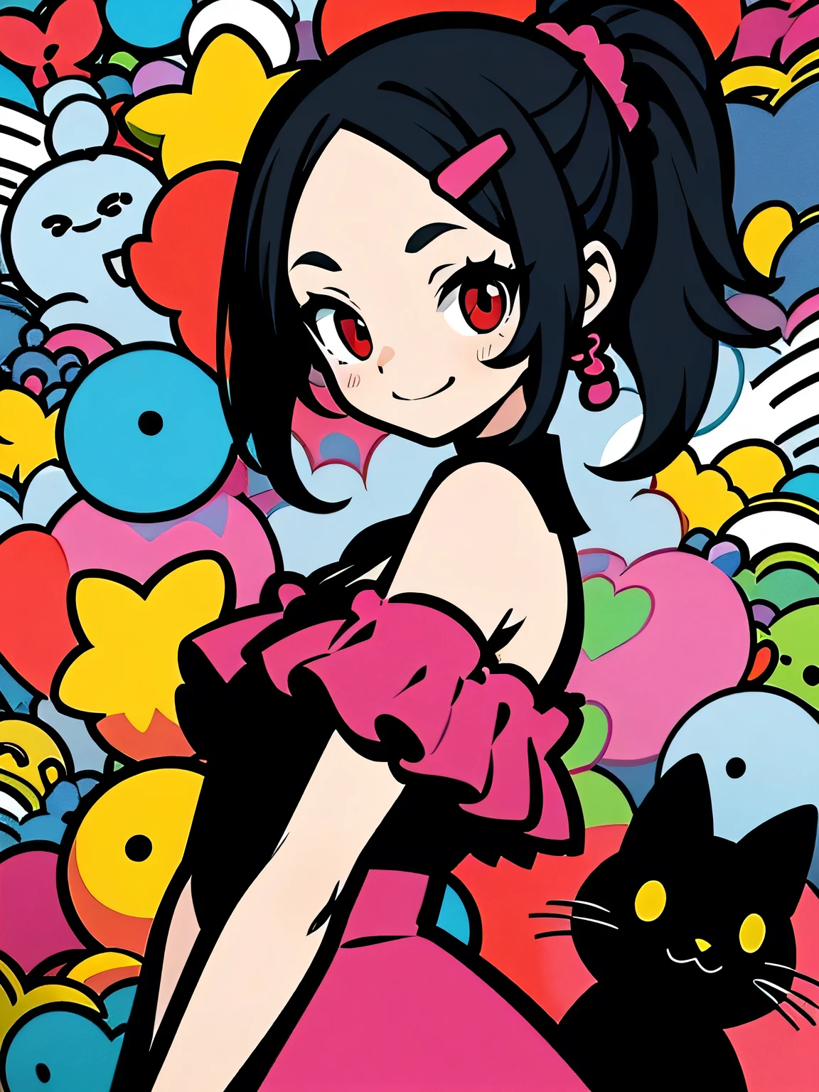 sideview,alone,(looking at viewer:1.3),(upperbody)blac ponytail,big forehead,red eyes,eyelash,(offshoulder),cute frill dress,graffity,smile,with black cat,pastel gradation,good model pose,Murakami Takashi,misterious 万華鏡 background,(comicart :1.3),(illustration),