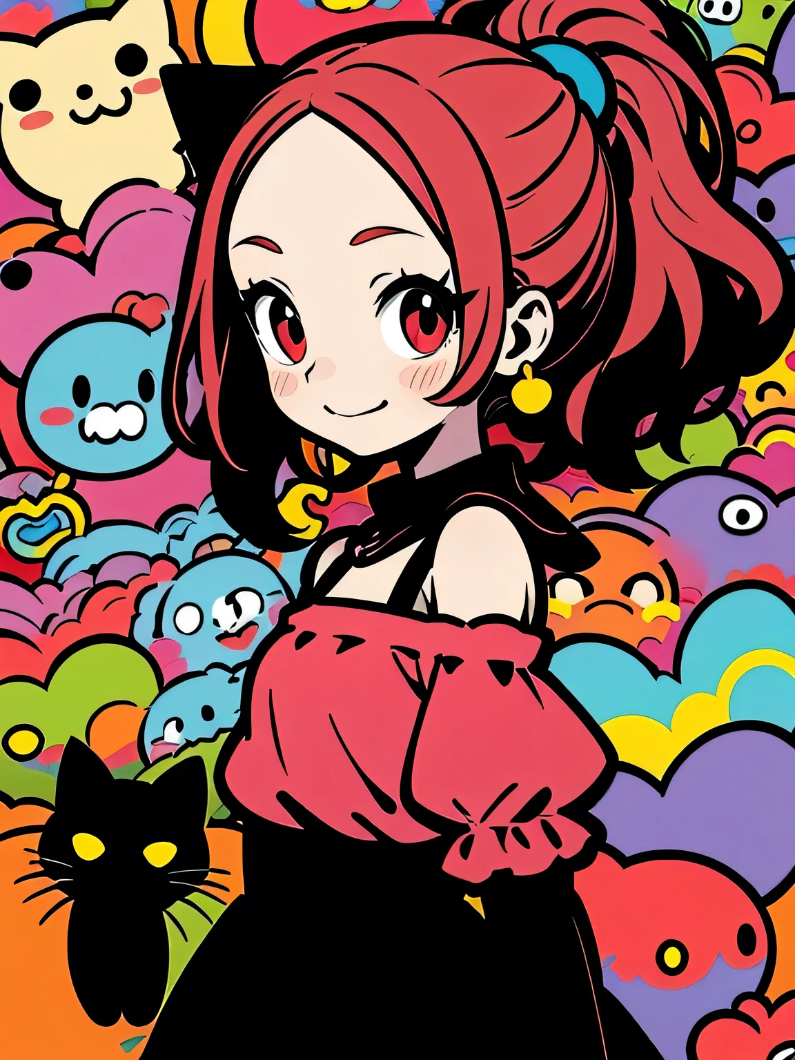 sideview,alone,(looking at viewer:1.3),(upperbody)blac ponytail,big forehead,red eyes,eyelash,(offshoulder),cute frill dress,graffity,smile,with black cat,pastel gradation,good model pose,Murakami Takashi,misterious 万華鏡 background,(comicart :1.3),(illustration),