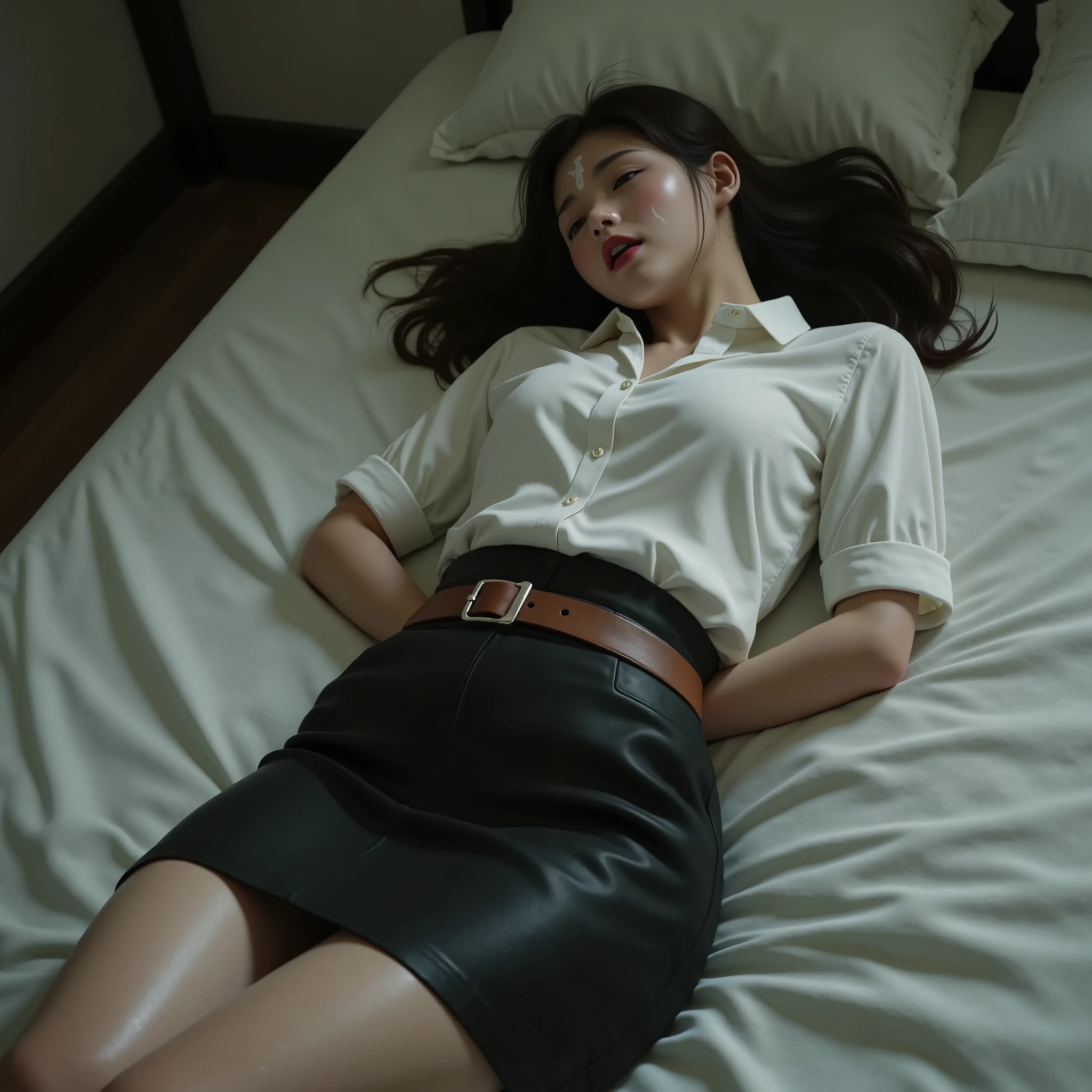 a beautiful Japanese woman is laying on the bed, long spread brown hair, natural bang, she is wearing Thai university costume with small short sleeve white button down shirt, black tight short business skirt, brown belt, white panties, she is sleeping and unconsciousness, anxious face, her wrists are tied together behind her back, cum on a woman face, a lot of semen on her skirt and her legs, whole body visible, photorealistic, hyperrealism,