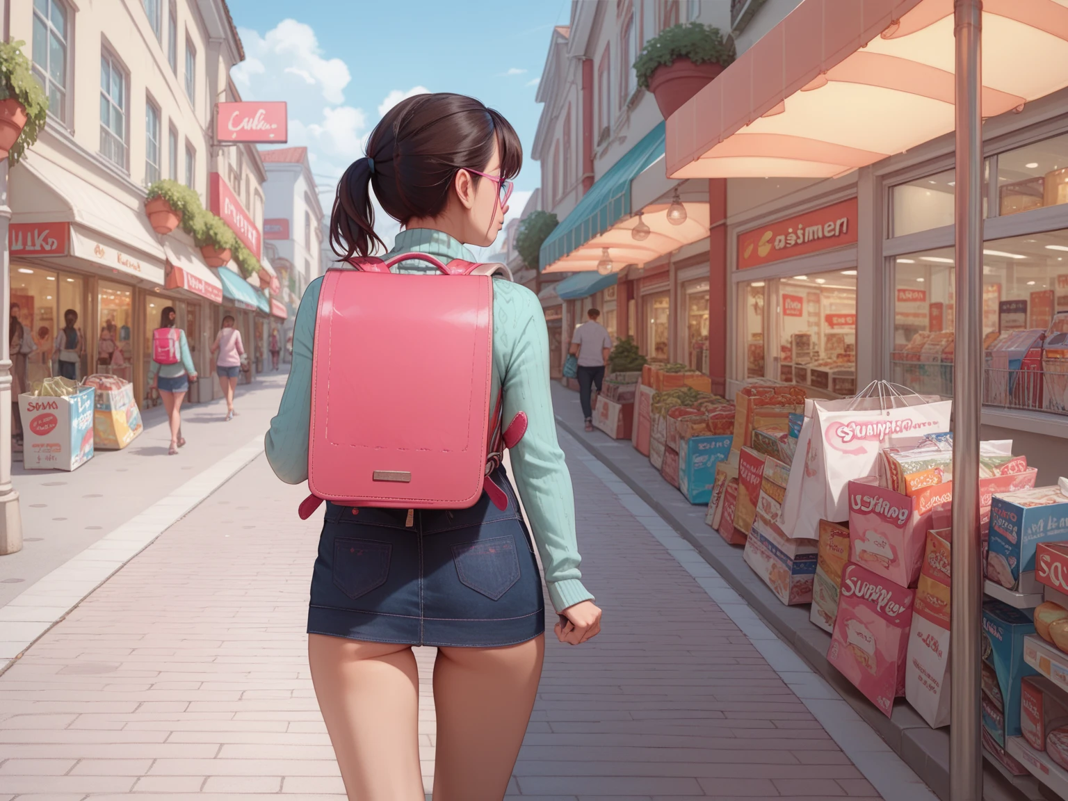 Shopping Street,Petite naked girl walking shyly,short light blue summer sweater,carrying randoseru backpack,back view,hip