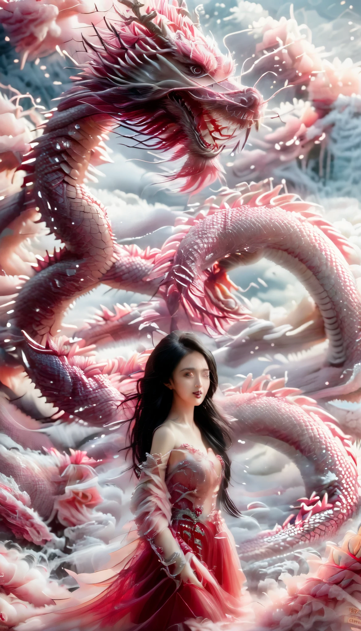 1 girl, alone, full body, long hair, chest, looking at the viewer, black hair, red skirt, closed mouth, Are standing, cloud, lips, cloudy, null, white dragon,Dragon CB,