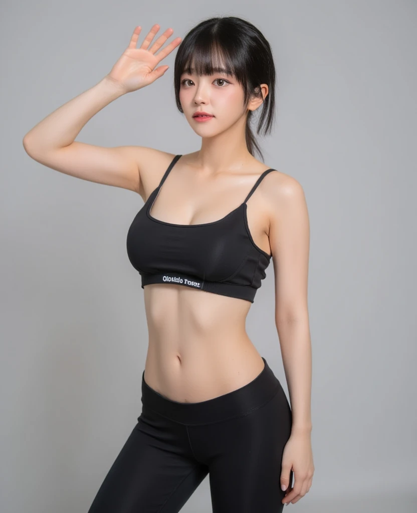 (((forehead、Northern Europe、White、beautiful girl、Black Hair、White Background、training wear、cute、young、True Face、Shiny Hair、whole body)))、Tabletop, Highest quality, shape, Very detailed, finely, High resolution, 8k wallpaper, Perfect dynamic composition, finelyて美しい目, Deco Out,blonde, chest, Natural color lip,White Background, random cute poses,