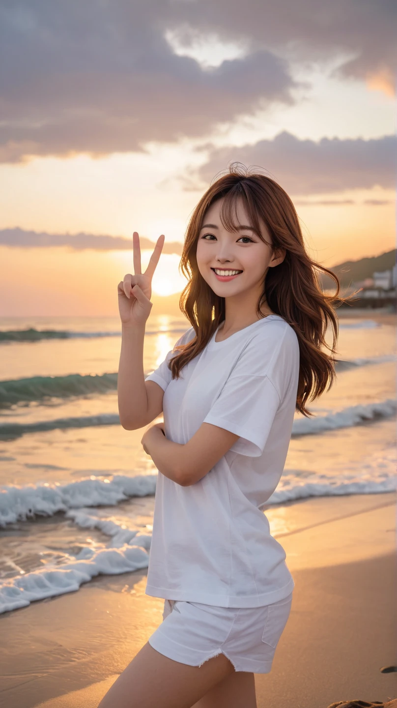 A cheerful Japanese girl with fair skin and medium-length, wavy brown hair, smiling happily at the camera, She's wearing a large white t-shirt, up to her knees, casually standing at the seaside during a beautiful sunset. She is making a peace sign with one hand while looking directly at the viewer. The scene captures her upper body, emphasizing her natural beauty and the warm, vibrant lighting of the sunset reflecting off the ocean waves in the background. The atmosphere is serene, joyful, and captivating.