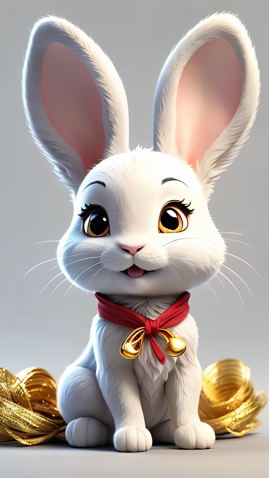 A hyper-realistic close-up of a Lucky Rabbit, exuding an aura of charm, wisdom, and divine fortune. The rabbit’s elegant face fills the frame, its large, mesmerizing golden eyes locking directly onto the viewer, shimmering with a gentle glow that suggests an unspoken connection to realms of prosperity and luck. The fur is immaculately soft, predominantly pure white with subtle golden and pastel pink highlights that catch the light, giving it a magical, ethereal appearance.

A small, intricately crafted golden bell hangs from a delicate red ribbon tied around its neck, gently reflecting light with every movement. Its long ears are perked upright, with the soft pink interiors beautifully contrasting with the pristine fur, adding a touch of warmth and realism. Its tiny nose is a soft shade of pink, and its whiskers are long and fine, glowing faintly as they catch the ambient light.

One paw is delicately raised in a graceful gesture of blessing, with golden sparkles swirling around it, sy