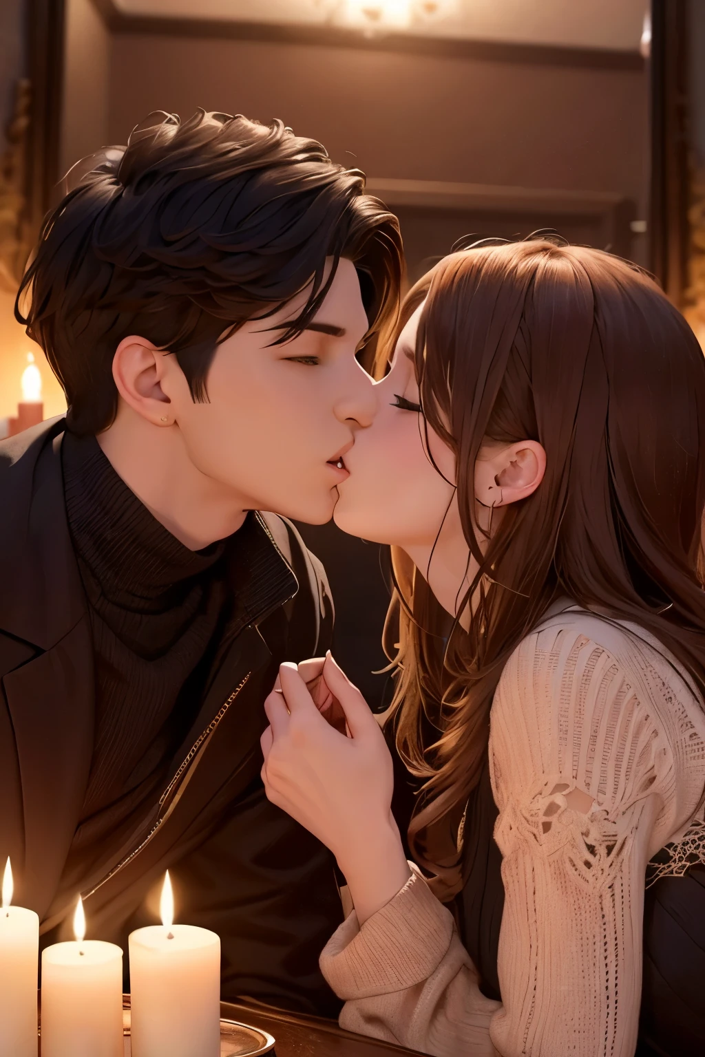 Boy and woman, beautiful woman, kissing each other with passion, in a bedroom, bright room, candles lit, night time,