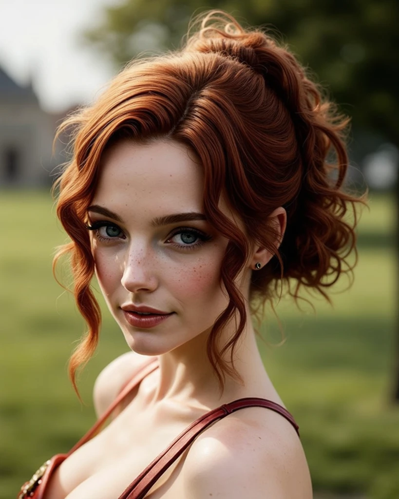 A close up portrait of a red head gorgeous beautiful woman, pale skin, freckles, Western European Descent, Donning a Medieval Dress, at the meadows 