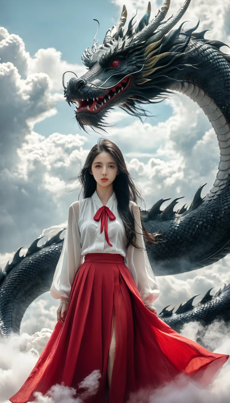 1 girl, alone, full body, long hair, chest, looking at the viewer, black hair, red skirt, closed mouth, Are standing, cloud, lips, cloudy, null, white dragon,Dragon CB,