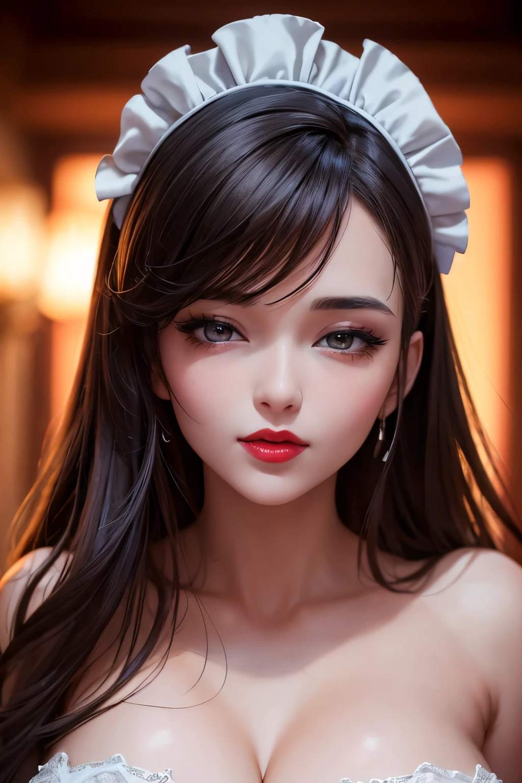 korean,realistic, masterpiece, final detail, photo realistic, intricate detail, octane rendering, 8K, 1Girl, upper body, perfect face, beautiful face, NSWF, trough reference, detail hair,, black bow, black legs, blue eyes, blue hair, bow, collarbone, dress, drill hair, ruffles, ruffles, gloves, gwen, headdress, highres, long hair, parted lips, puffy sleeves, purple eyes, smile, solo, white dress, oil skin,