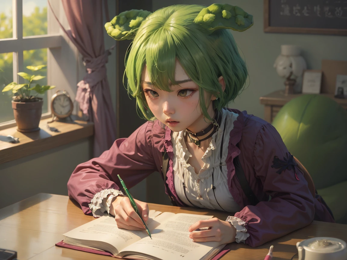 ((1 girl,alone))nonsense, height, very detailed, (1 girl:1.3), (messy hair,Beautifully detailed eyes,Shiny, shiny skin:1.1),(green eyes)
Reading room Quiet music is playing in a dark room. Various writing tools and electronic equipment Wear shorts and a t-shirt. Young woman lying on the desk working with a cat