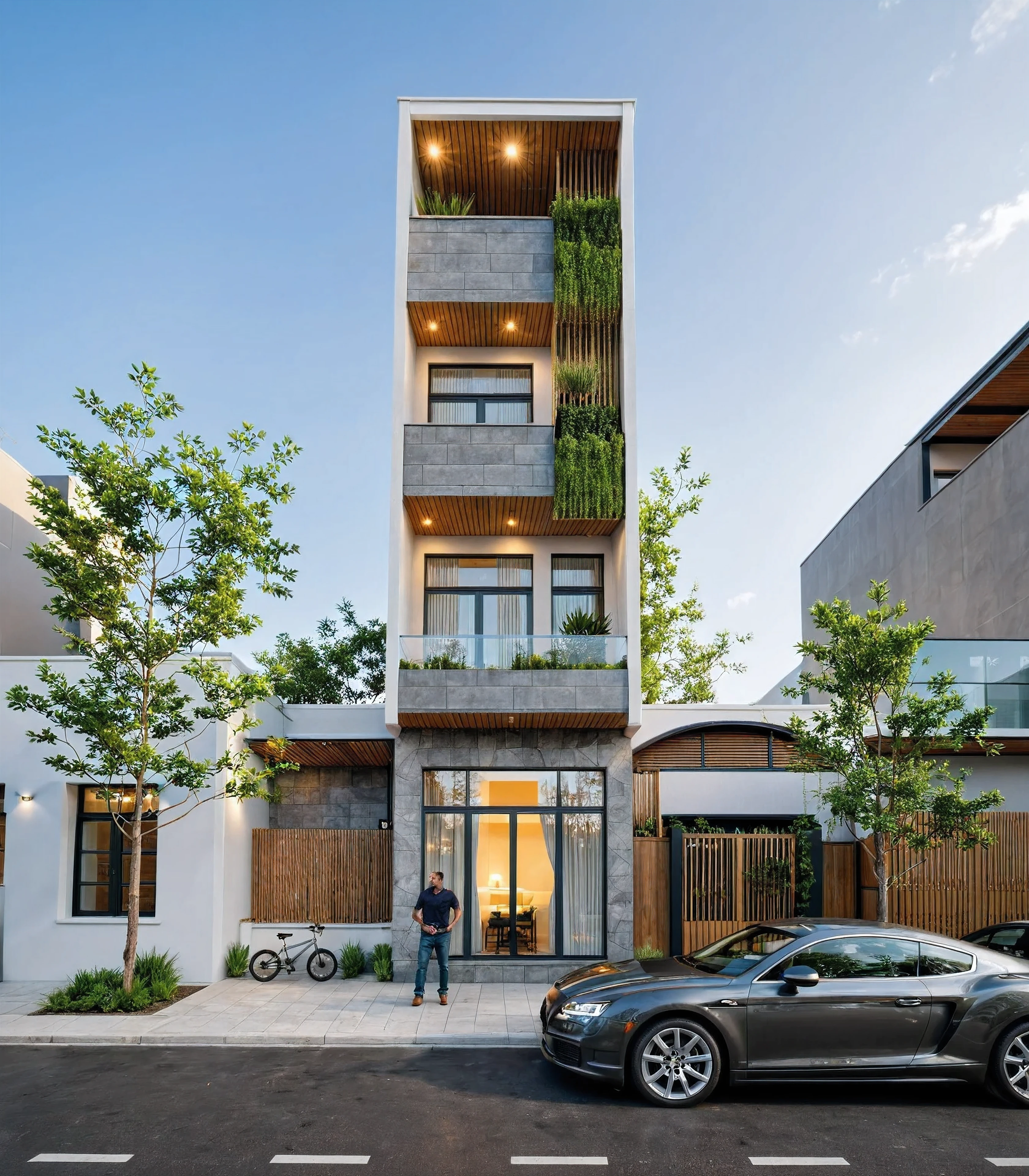 This image showcases a modern, no roof, gray mable front 1st floor, narrow townhouse featuring a contemporary and minimalist design. Key aspects include:
 **Structure and Design:** 
  - Tall and slender to maximize space on a small plot.
  - Primarily white facade with gray or textured materials for a clean look.
  - Recessed balconies and strategic lighting add visual interest.
**Greenery:** 
  - Each level includes planters and small balconies for plants, creating a vertical garden.
  - The rooftop features additional greenery and a wooden pergola for shade.
 **Entrance:** 
  - Simple ground floor entrance with dark-framed glass doors and textured gray material.
 **Windows and Balconies:** 
  - Windows with dark frames and privacy curtains; small balconies for plant display.
 **Surroundings:** 
  - Located in an urban setting with walls and other buildings visible, suggesting evening lighting.
Overall, the building embodies modern, environmentally conscious design with biophilic elements, well-suited for urban living while enhancing the living experience. The evening lighting accentuates its architectural features, Balconies and Rooftop: The balconies have metal railings and wood accents. The rooftop features a metal pergola or trellis, which provides shade and supports climbing plants, Best Quality,Masterpiece, UHD, 4k, Stunning,Eye-catching,Sharp edge render, Award winner design in 2024, Photorealistic, High-Resolution, Detailed, Accurate, Vibrant, Dynamic Lighting, Textured, Perspective, Atmospheric, Contextual, Balanced Composition, Material Realism, Interactive, Immersive, Narrative, Minimalist