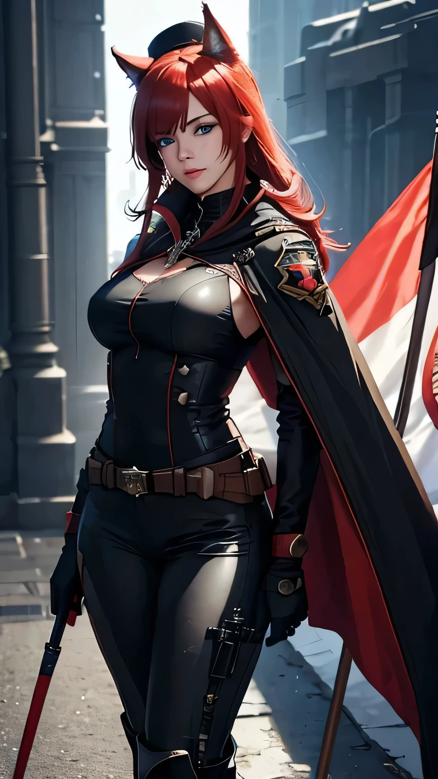 ingrid,large breasts,erected nipples,mature female, (dark-skinned female:1.2), dark skin, determined, pink red hair, Gorgeous wavy hair,Soft tendril hair, hair intakes, makeup, lipstick, (mole under mouth:0.8), eyelashes, yellow eyes,military uniforms, military academies, heroic,ultra miniskirt,(no panties:1.2), outdoors,strong wind, old castle,(highres, high quality:1.1), intricate details, cinematic lighting, 1girl,(cool beauty),(metal collar),