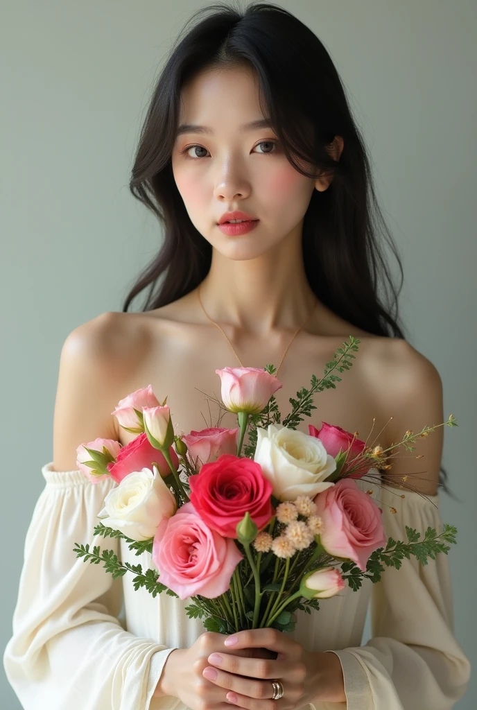 Key visual shoot for a beauty salon featuring a Japanese woman with long black hair and red lips standing in the center of a space covered with a white sphere, white flowers, and pink flowers.