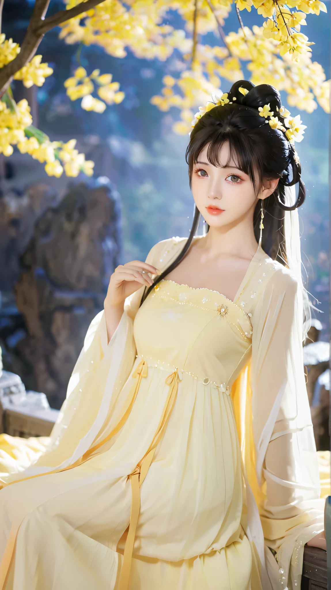 Wearing a light yellow dress、头发上有花朵的Anime Girl, very 美丽的Anime Girl, 美丽的Anime Girl,  beautiful fantasy anime , Gu Weiss, Anime Girl, 美丽的Anime Girl,  very pretty cute girl , yellow flower,  background blur, Anime style 4K, Anime fantasy work , 4k anime wallpaper,  Guvez style artwork 