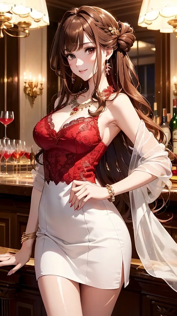 Masterpiece, Ultra High Quality, Ultra HD Quality, The most beautiful woman in history, Anime, Slender body, (very large breasts), Tall, Small face, Well-proportioned figure, Beautiful white skin, (Shiny brown hair: 1.2), ((Updo: 1.3))), (Bangs straight across), (Beautiful shining eyes), (Clear brown eyes), ((Shiny highlights: 1.3))), Long eyelashes, Pink lips, Beautiful and precise and delicate hand and finger creation, Divine smile, ((Beautiful cocktail dress))), ((Red dress))), ((Luxurious lace dress))), (Red rose hair accessory: 1.2), (Large earrings, Luxurious necklace, bangle, ring), Upper body, Beautiful standing posture like a fashion model, (Penthouse luxury bar and night view of buildings in the background)
