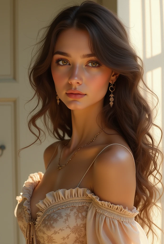 Photo of a 25-year-old European girl、RAW、Beautuful Women、(Extra long wavy brown hair)、((portlate))、((Detailed face:1.2))、((Detailed facial features))、(Fine skin)、pale-skinned、Dresses with high detail and deep cleavage、Slim body、megacity environment、(cold color)、moist、moist、Reflectors、(​masterpiece)(perfectly proportions)(photos realistic)(top-quality)(detaileds)photographed in a Canon EOS R5、 50mm lens, F/2.8, HDR, (8k) (wall-paper) (light) (dramatic  lighting) (sharp focus) (with an intricate) lo fashion