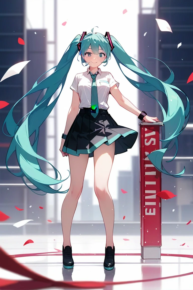 hatsune miku, necktie,skirt,shirt,no sleeve,masterpiece