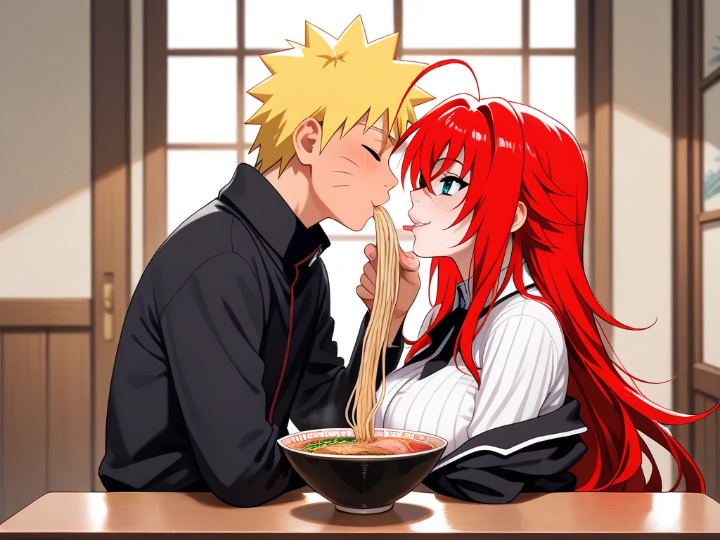  high resolution image ,  masterpiece,  better quality ,  amazing quality ,  Naruto Uzumaki ,  Rias Gremory  , couple, love , romance ,  Rias Gremory wearing the high school uniform dxd , Naruto y Rias eating ramen juntos , bowls of ramen  , eating ramen ,