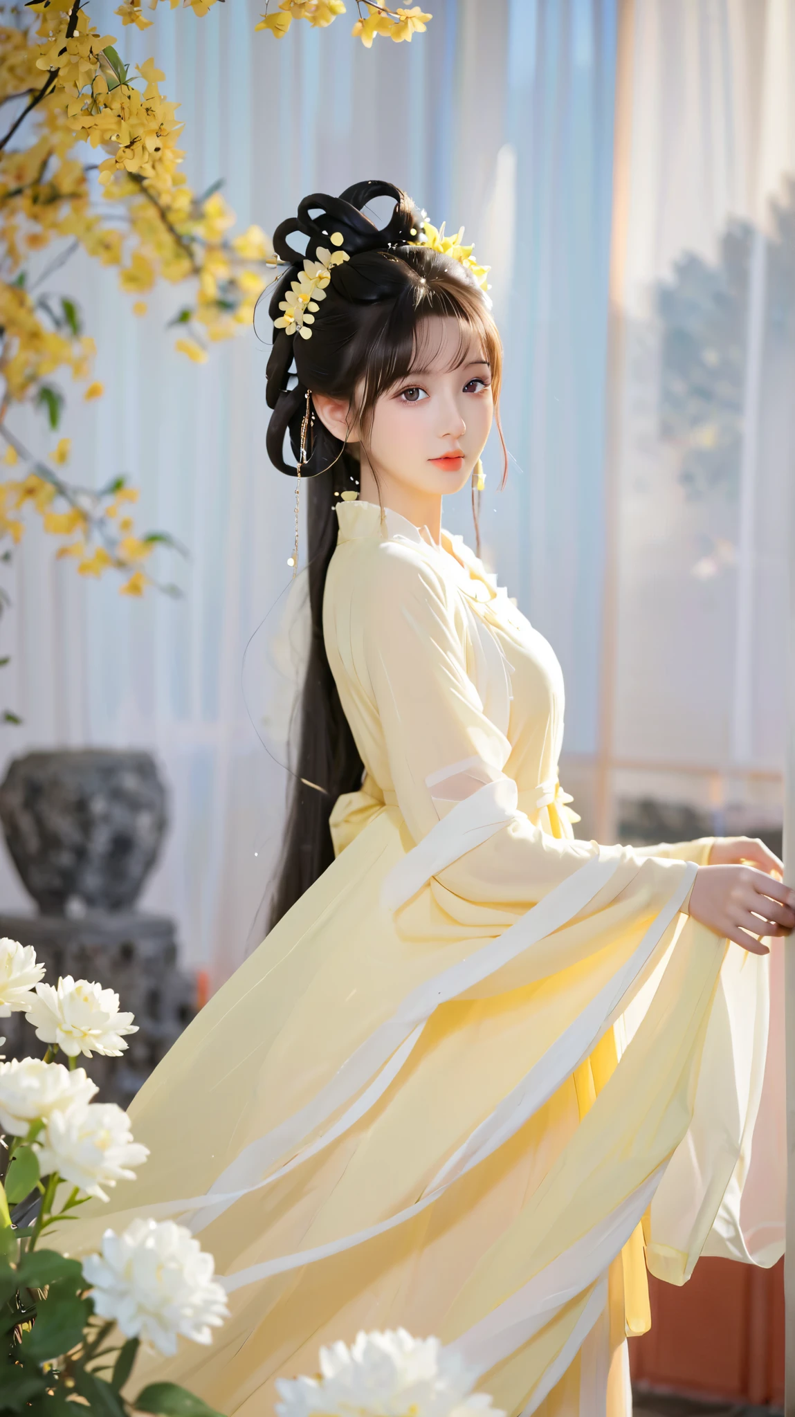 Wearing a light yellow dress、头发上有花朵的Anime Girl, very 美丽的Anime Girl, 美丽的Anime Girl, beautiful fantasy anime , Gu Weiss, Anime Girl, 美丽的Anime Girl, very pretty cute girl , yellow flower, background blur, Anime style 4K, Anime fantasy work , 4k anime wallpaper, Guvez style artwork