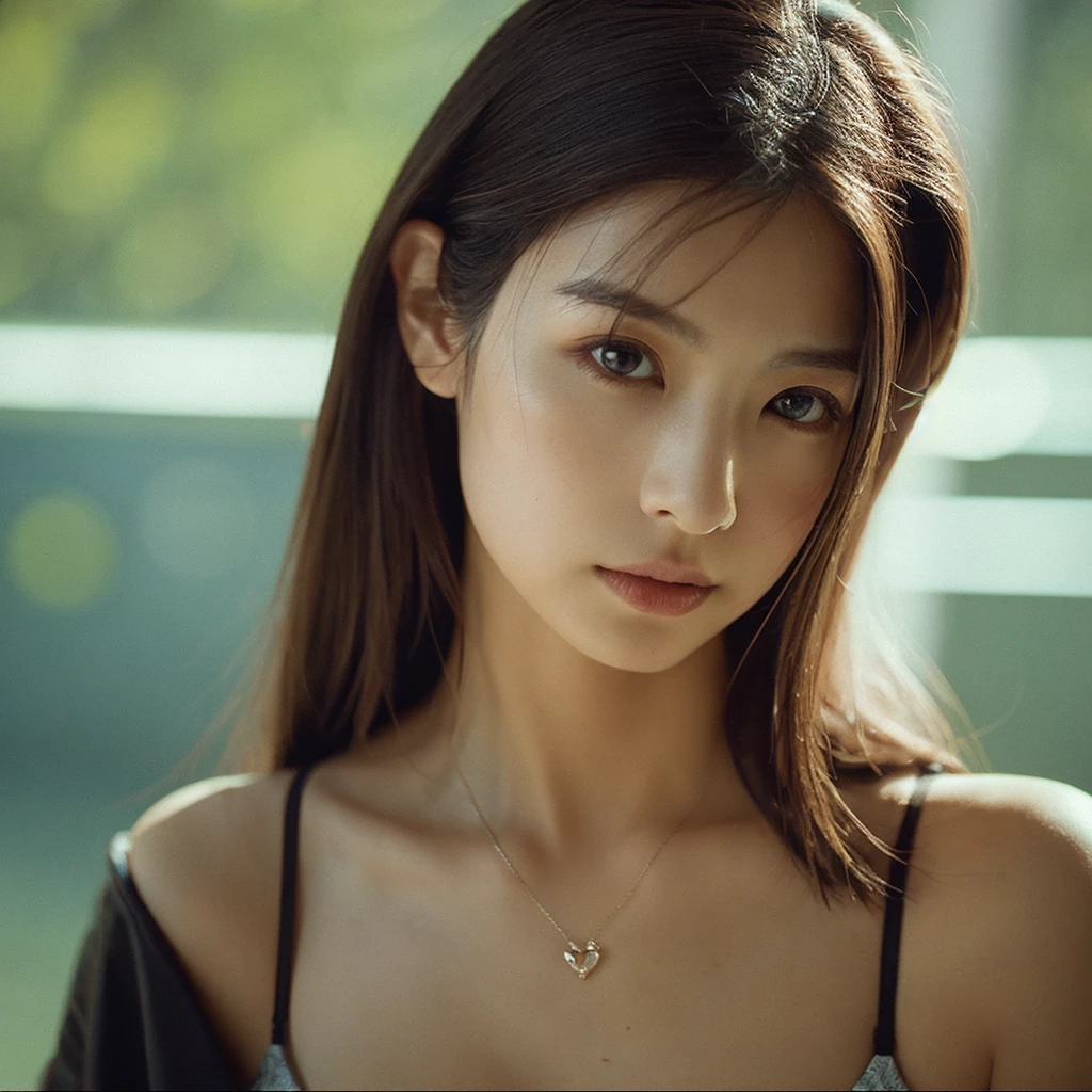 A hyper-realistic image of a single Japanese woman in her early 20s, captured with the nostalgic warmth and subtle graininess of a film camera. Her skin has a warm beige tone with a natural, slightly rough texture that includes visible pores, fine lines, and subtle imperfections such as small blemishes, adding to the authenticity of her appearance. The soft, diffused natural light enhances the film-like quality, casting gentle shadows that create a timeless, organic feel. Her straight, glossy black hair frames her face in a natural, slightly tousled manner, and her deep brown eyes reflect the ambient light, adding depth and emotion. The film camera effect introduces a slight grain and a softer focus, giving the image a warm, nostalgic atmosphere while maintaining the realistic texture of her skin. She is dressed simply, in a way that complements her natural beauty, with the overall composition designed to evoke a sense of genuine, understated elegance. The use of natural light, combined with the deliberately rougher texture of her skin and the film-like qualities, ensures that this image captures the imperfections that make her beauty truly lifelike, focusing solely on this one individual.She has large, ample breasts and wears a see-through shirt, which gives full view of her attractive and fashionable bra that accentuates her cleavage.Be sure to keep your eyes on us.