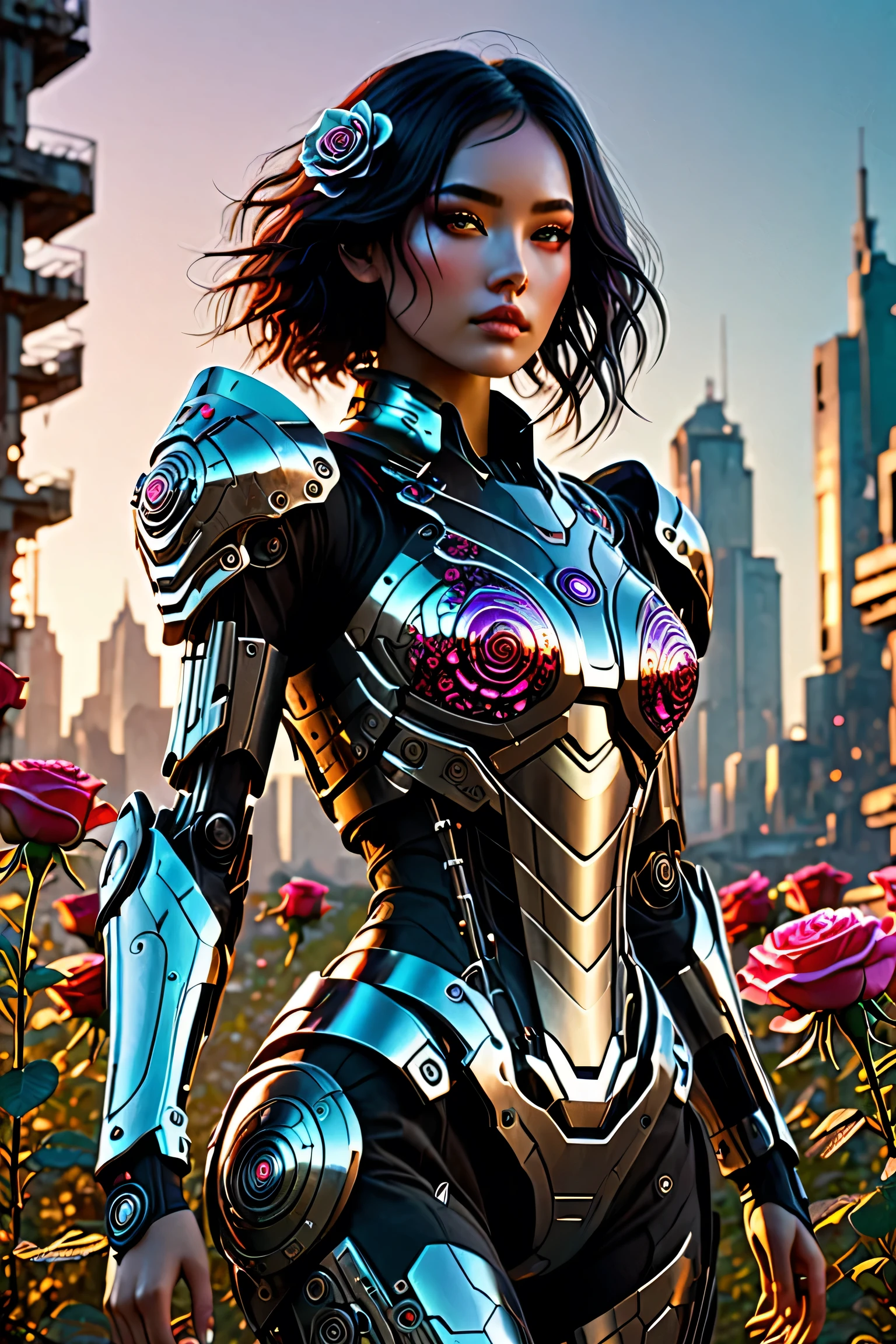 " A futuristic female character with an appearance inspired by an advanced cyborg , designed with an extreme level of detail and elegance . Her youthful and expressive face has big bright eyes that reflect deep emotions , and his smooth black hair falls softly up to his shoulders , framing her face delicately . His body combines organic and mechanical elements , with polished metal arms decorated with intricate engravings , and a light armor that covers his torso , designed to be functional and stylized . It is surrounded by a landscape full of red roses and wild flowers of multiple colors that bloom in the midst of a ruined futuristic environment. The flowers contrast with the city in decline , illuminated by neon lights flicker in shades of blue and purple . Some flowers are intertwined in the cracks of metal and concrete . The sky shows a reddish sunset that highlights the mix of technology and nature . In his hand, She holds a rose , as he walks with a powerful but serene posture , transmitting a fusion between force , humanity and hope ."