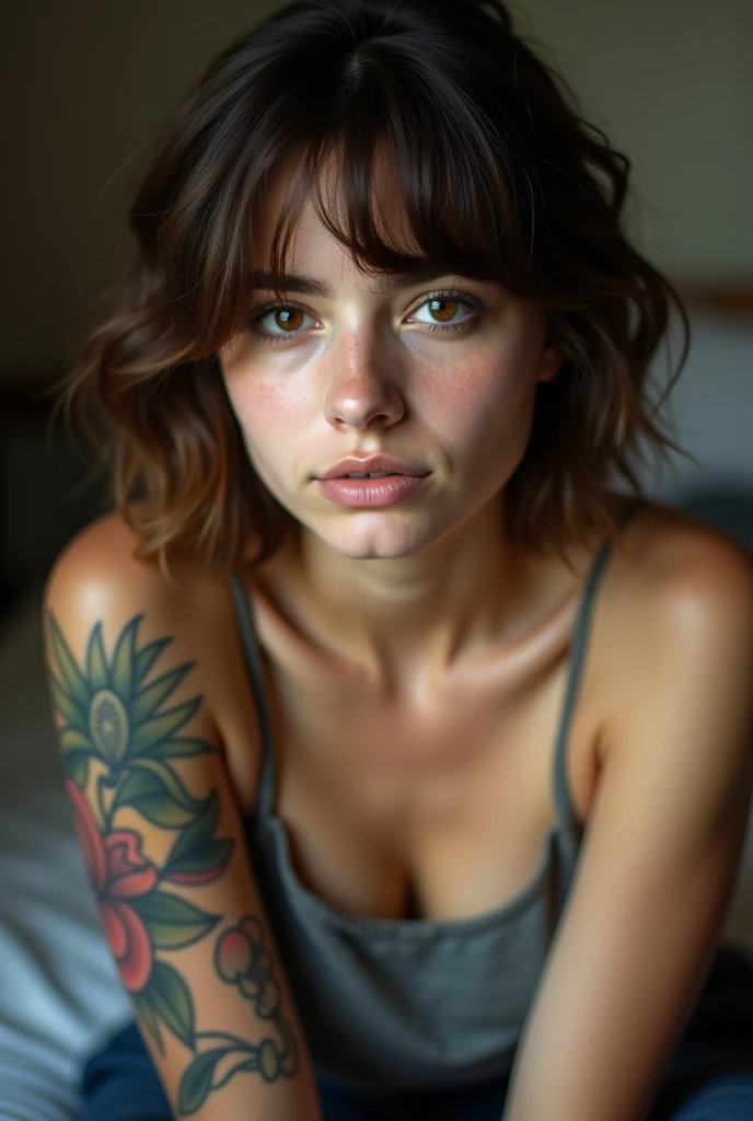 1 white tomboy european girl, short Butterfly Cut hair, red hair, messy hair, big eyelashes, teeth smile, full body photo, perfect green eyes, 8k photo, tattoos, slim body, realistic,, arm full of tattoos, oiled up body, high details, soap foam, cute face, teen girl, slander, best quality, photorealistic, topless, perfect eyes, tomboy skinny, freckles, fringes, bed, tomboy, looking up, bow tie, distant focus, sleeping