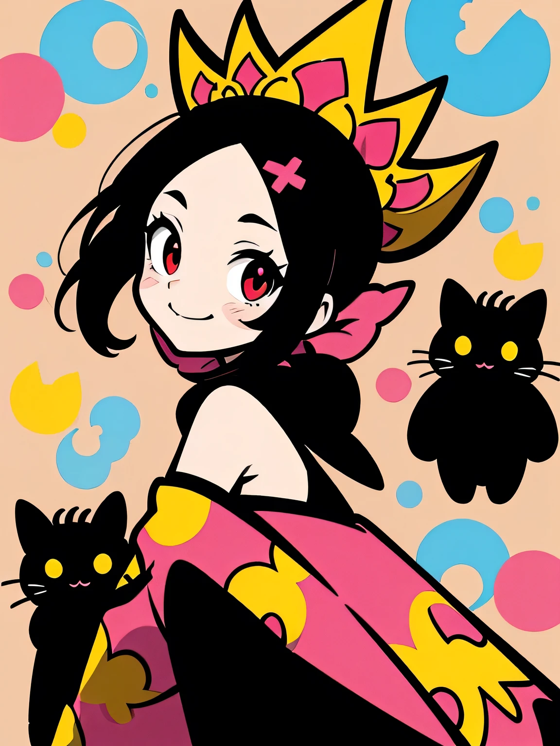 sideview,alone,(looking at viewer:1.3),(upperbody)blac ponytail,big forehead,red eyes,eyelash,(offshoulder),cute frill dress,graffity,smile, holding a black cat wearing a crown,pastel gradation,good model pose,Murakami Takashi,misterious 万華鏡 background,(comicart :1.3),(illustration),