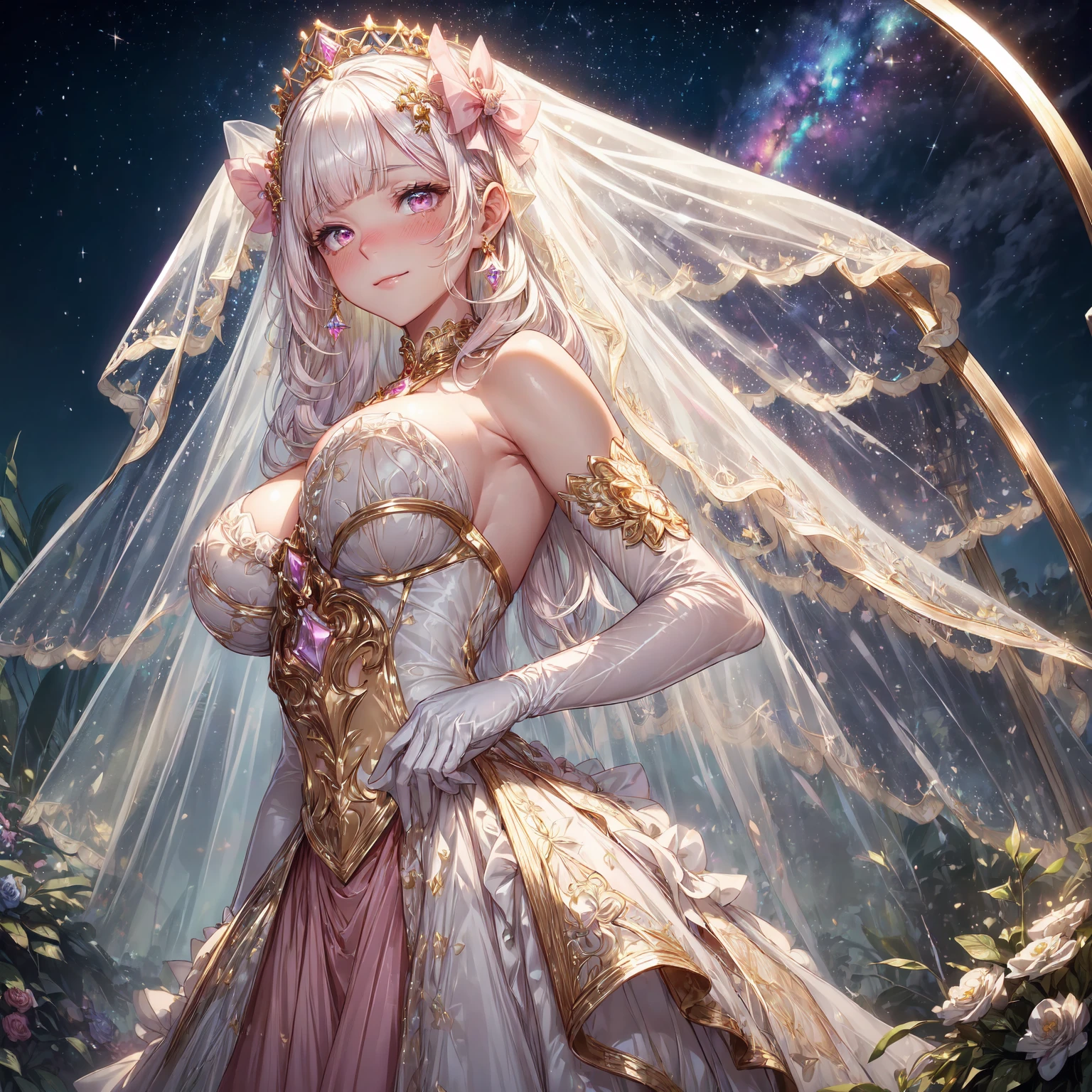 最高quality、1 woman elf、((open eyes)) )The Strongest Succubus、Open your eyes、View here、beautiful瞳、beautiful装飾の水着、bikini,最高quality , fractal art　((smile、))((sleep on your back　))SMqueen、Orgasm、???????、Bigger on the front、 beautiful輝き,High-definition depiction, Realistic, 8K, Unity, beautiful太もも,,Giant Devil's Wings、虹colorに輝く翼、、 light smile, Beautifully and vividly drawn, , beautiful beautiful透き通る肌、輝くbeautiful装飾の魔法、Giant horns、  demon king、、beautiful装飾の角、 , beautiful、 Romanticism,mosquito。 混沌の最もbeautiful形, Mr..々color, Intertwined flowers, P article,Magical gentle light,smile,,image quality、masterpiece、beautiful顔、Super beautiful elf woman((Big breasted 22 year old office lady、Bust 100,Beautiful long ironed hair、Silver Hair、height: 165cm。、Esbian、、高quality、、Visual Arts、最high quality、1 woman elf  ,beautiful fractal art　light、Beautiful radiance,High-definition depiction, Realistic, 8K, Unity, , light smile, Beautifully and vividly drawn, , Beautiful, beautiful, clear skin、 ((see-through swim suit,))Countless rays of light pouring down, Swirling Light, big background, , Intense light is emitted . Romanticism,:  quality、((open eyes))


BREAK (white theme:1.5), (pure white elegant wedding dress:1.3), (sheer white wedding veil on head:1.4), (strapless white courselet with bold plunge:1.4), ((sleeveless, collarbone, upperboobs):1.3), ((full-length hoop skirt, crinoline, fabric of skirt covers entire leg):1.3), (tulle lace on skirt:1.3), (beautiful intricate floral lace embroidery:1.3), (white bridal shoes:1.2),
