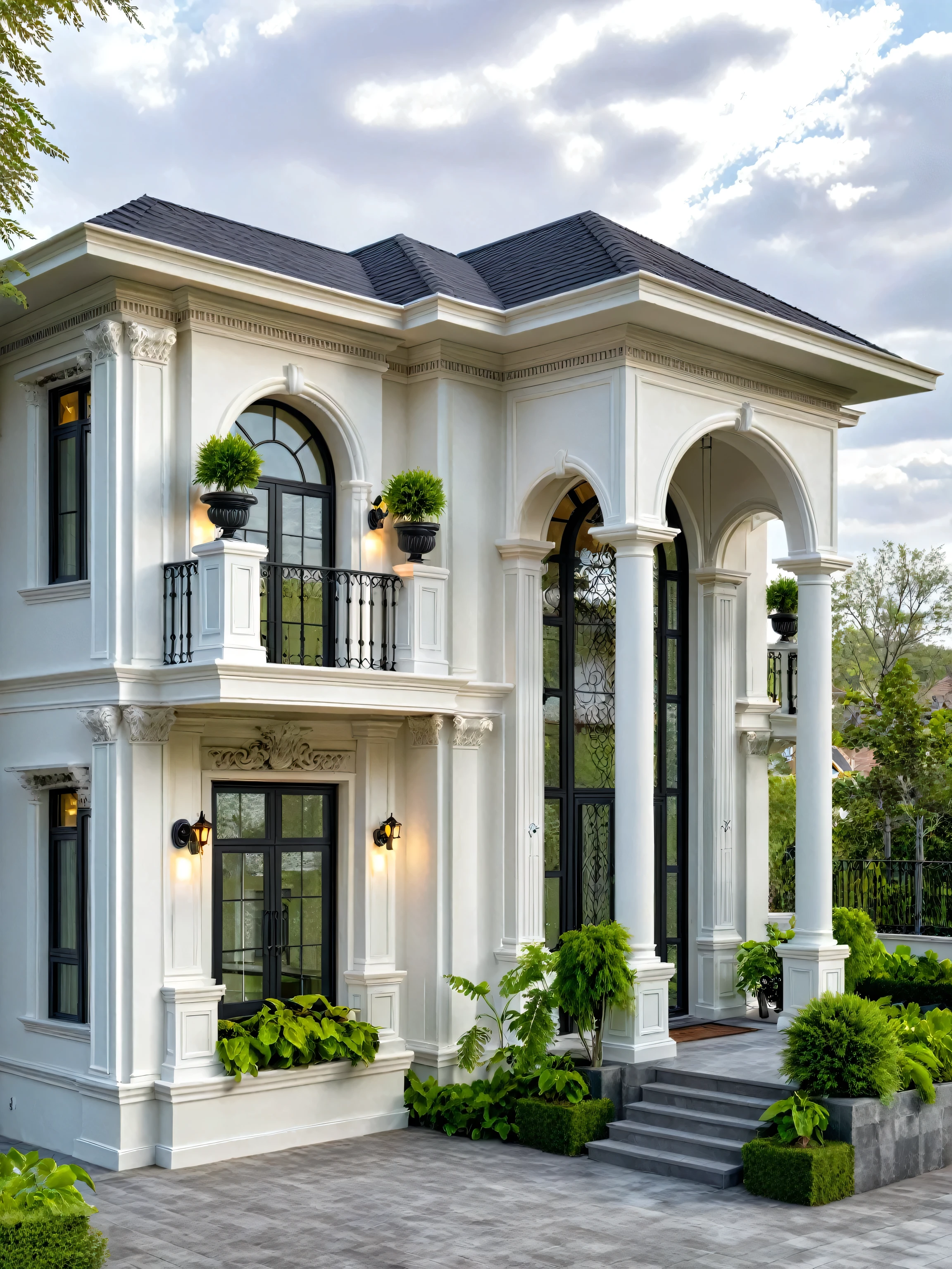 Neoclassical architecture, white walls, balconies, artistic iron railings, curved aluminum glass doors
,Masterpiece, high quality, best quality, authentic, super detail, outdoors, grass, trees, sky, cloud, (daylight:1.1)