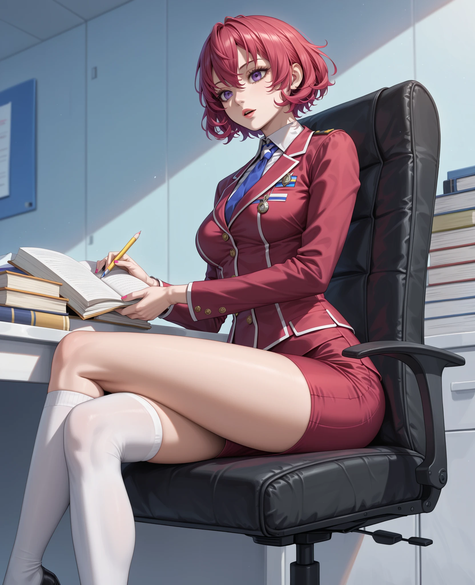 Masterpiece, best quality ,  Luna Maria_h,  1 GIRL,  ANIME COLORING BOOK, Alone,  short hair, Red Hair, stupid hair,  hair between your eyes,  purple eyes, Compass uniform ,  lipstick,  Red Jacket,  pink miniskirt,   long sleeve  ,  black knee-highs,   Pencil Skirt,  medium breasts,  sitting ,   office chair, machine, Crossed legs, ogipote,  open lips,   stare at viewers, 