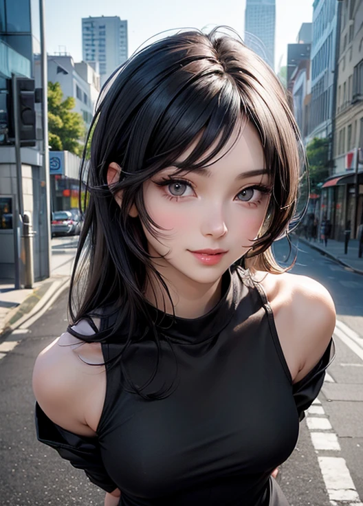 Black hair, make-up, Masterpiece, seductive casual attire, Hip-up angle, dynamic pose, close-up, natural lighting, confident expression, bokeh background, high resolution