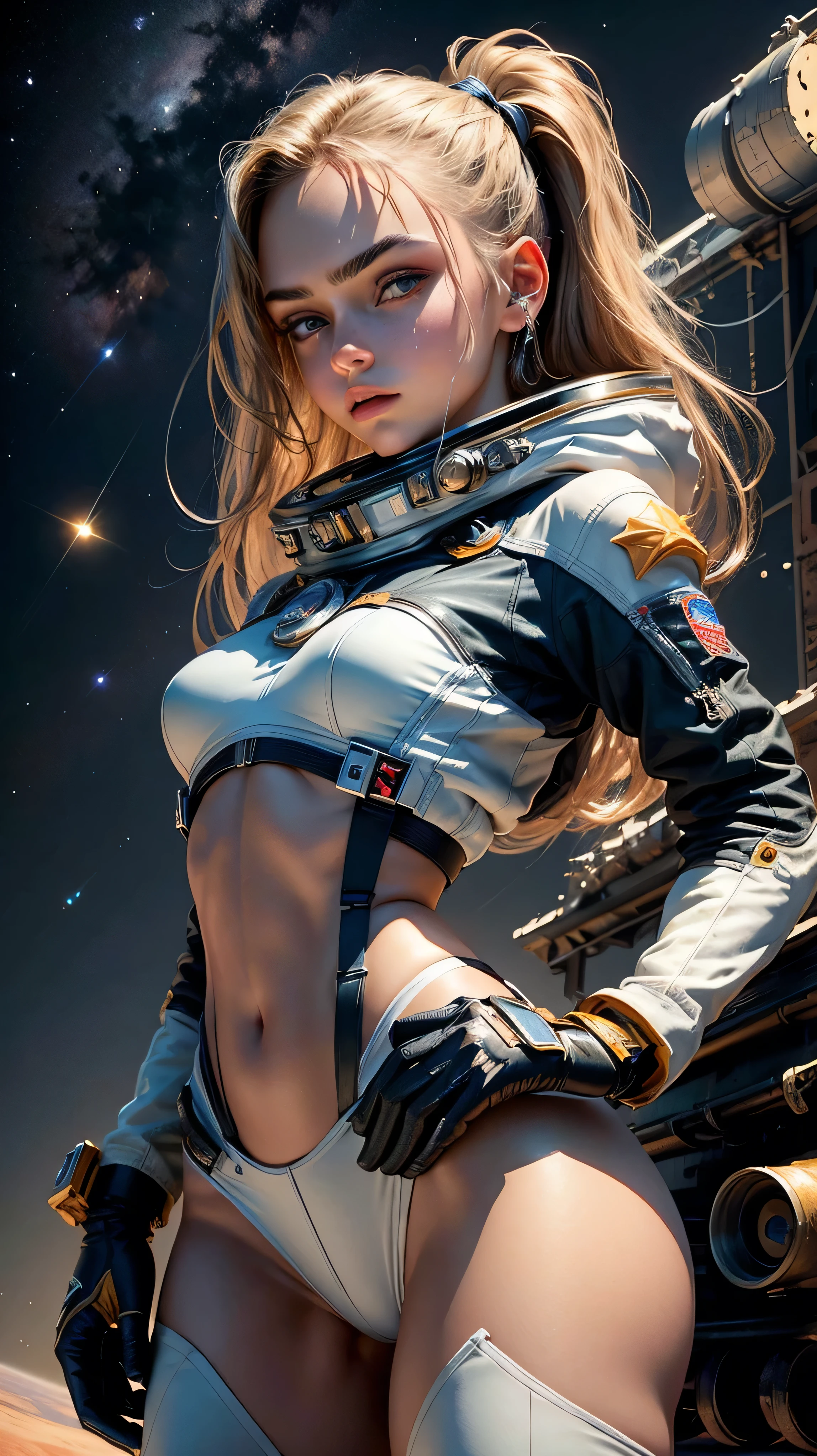 (Detailed illustrations,Very detailed and detailed drawing,Delicate lines with slow and rapid,Realistic texture expression),[Color tressed main line],(Space Battlefield [Space Mobile Fortress]),[独奏],HENTAI (((ANIME) BIONICGirl) Beauty  ((well-muscled) [plump])) (Astronauts Cyborg) [Space Marine Corps Military [MASCHINEBODY]],Bullet Belt Javelin [[Firearms, Machine Guns, Bazookas] Saber Rifle ][[Rocket Pack]],Zero Gravity Front,gravure [[White Devil] [Outer space combat]] Battle Damage,[retro-futuristic],(Intricate and beautiful decoration [Dense detail]),(Fine and beautiful skin expression [Transparency]),[Perfect eye details (Iris beautifully drawn in every detail)[Jewel-like eyes]],[long and beautiful eyelashes],[Meticulously drawn hair [More on beautiful and shiny hair]],(Perfect hand details [Beautiful fingers without breakdowns [Beautiful nails]]),(Perfect Anatomy (Perfectly proportioned)) [[Full body like]],[[Design built to the highest level]][Ideal color coordination(Accurate simulation of light-material interactions)],(HighQuality,[Precision Detail] hight resolution,(detaileds,high-detail)),[Visual art that conveys a sense of narrative].