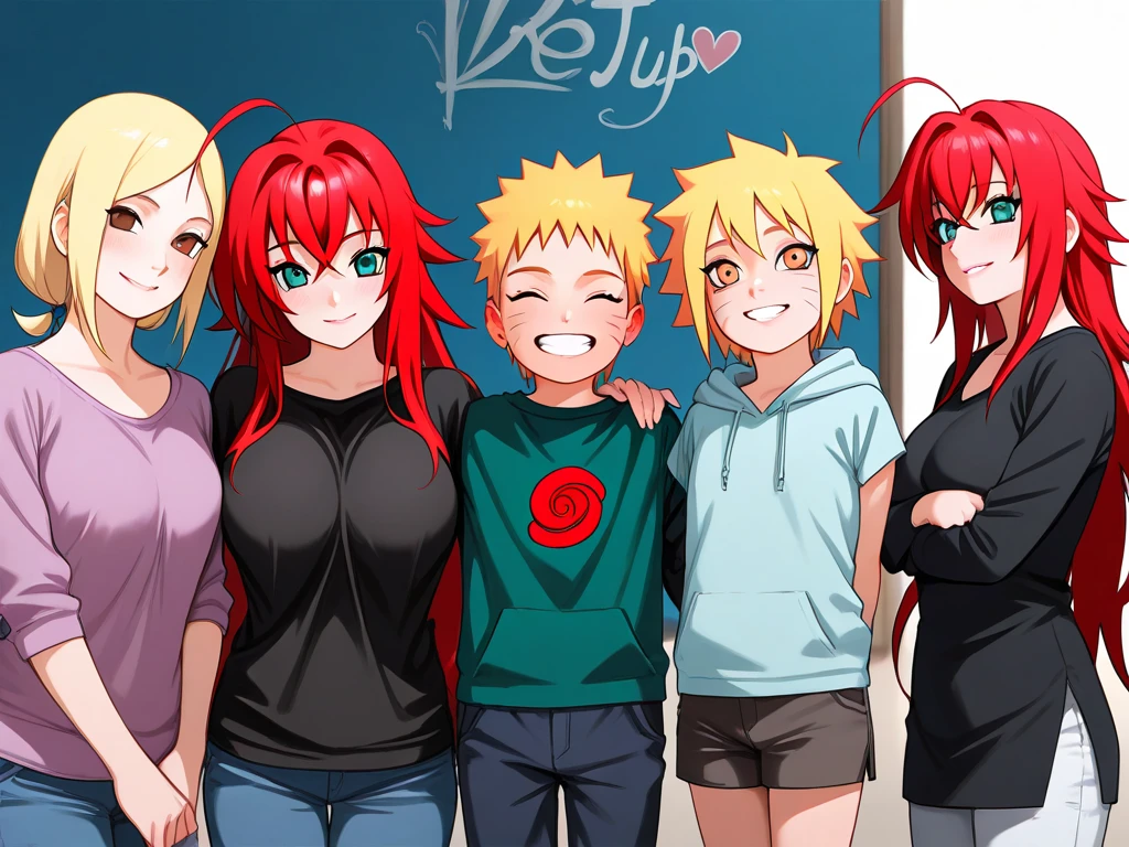  high resolution image,  masterpiece,  better quality ,  amazing quality ,  Naruto Uzumaki ,  Rias Gremory  , parents , family , ren , smiles , foto familyr