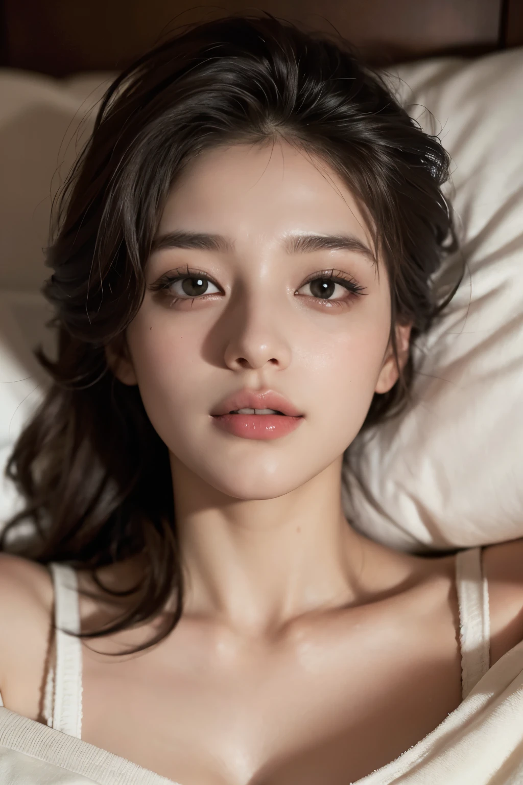 a cute teenage girl, Russian, in panties, (Lying in Bed, Open Legs: 1.2) (8k, photorealistic, RAW photo, best quality: 1.4), beautiful face, (realistic face), beautiful hairstyle, realistic eyes, beautiful detailed eyes, (realistic skin), beautiful skin, attractive, ultra high res, ultra realistic, highly detailed, golden ratio, (detaled face:1.2),