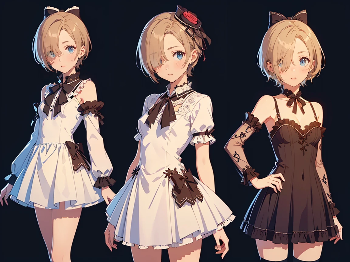 (( best quality , 8k, masterpiece:1.3)), concentrated:1.2, Perfect Body Beauty:1.4,  Highly Detailed Face and Skin Textures,  beautiful eyes,  double eyelids, break, (koume shirasaka:1.5), (short Hair:1.5), (wind, Floating Hair:1.1)、 ( purple eyes:1.1), Blonde,((hair over one eye:1.5)), break, (Perfect hands, perfect anatomy),(small breasts:1.5),(small head:1.5),(scrawny legs: 1.3),((pale bule skin)), break, (looking at viewer:1.3), break, ,(( lolita fashion:1.3))、 BREAK Upper Body 、cowboy shot, (( standing picture :1.5))、((3 girls:1.5))、((multiple views:1.5))、((wide hip:1.5))
