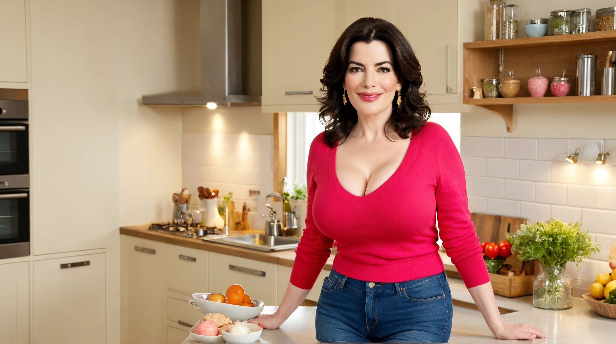 a woman working in her kitchen, conservative red dress, cooking on a perfect day, RAW, 8K, UHD, <lora:nigellaLawson:1>, close up, perfect face, clear eyes