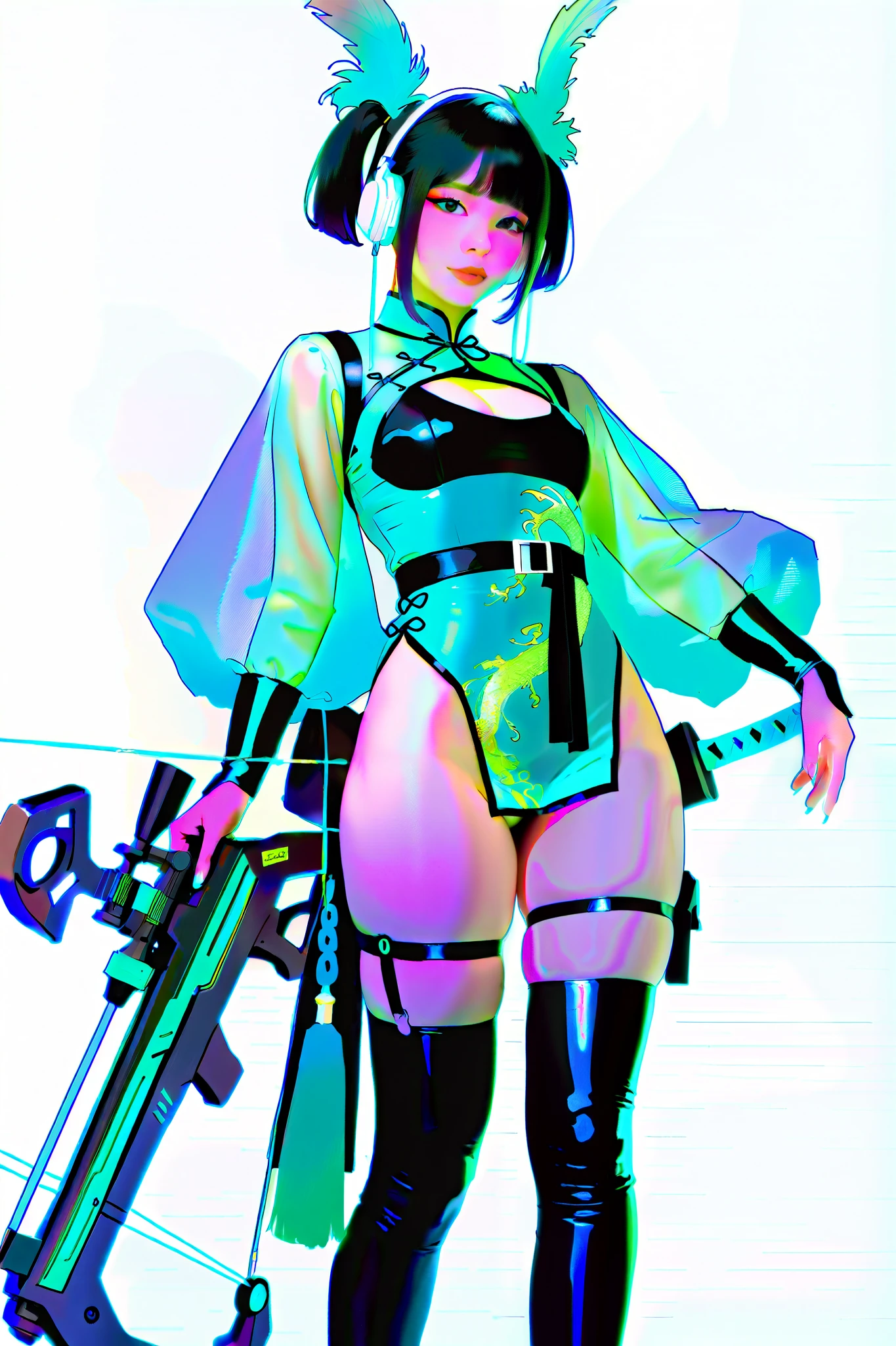 very awa,masterpiece,best quality,year 2024,newest,highres,absurdres,realistic,photorealistic,photo,DSLR,

1girl, solo, standing, looking at viewer, feet out of frame, character sheet,character design,black hair, thighhighs, dress, high twintails, black eyes,  

turquoise ultra-short high-slit cyber Chinese cheongsam, china dress, see-through laser juliet puff sleeves, cyber bodysuit, Chinese cloud shoulders, arm guards, tassel, Chinese style moire, belt, thighhighs under boots, chest cutout, Head with feather decoration, high heels, headphones, sheath,

Compound bow \(weapon\), arrow \(projectile\), quiver, knife, cyberpunk, Chinese cheongsam, perfect curves, (pastel colors:1.2), (white background:1.1),