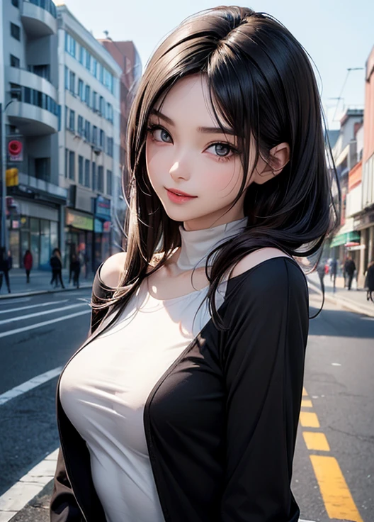 young woman、smile、((Random Hairstyles))、Blushing、((masterpiece、High resolution、16K))、((Random design spring clothes))、(Very close:1.5)、Explore the city at night、(Focus on the upper body:1.5)