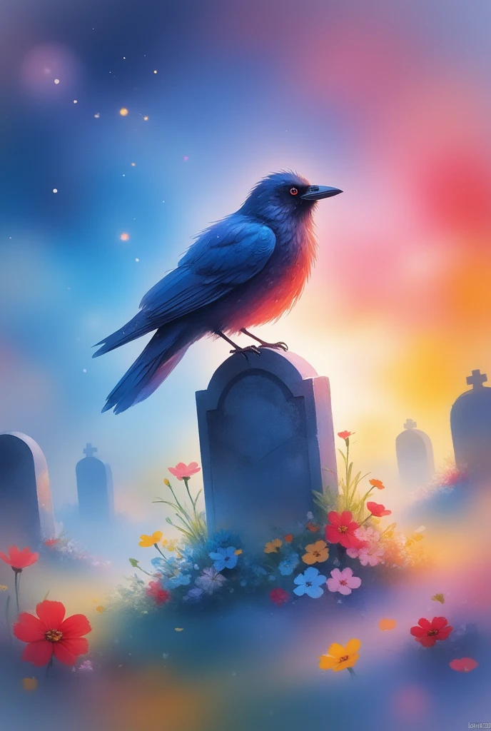 "  colored ink splash art style of a crow in a graveyard. Perched on a tombstone  . starry night, Flowers, FOG.   colorful ink painting background  .