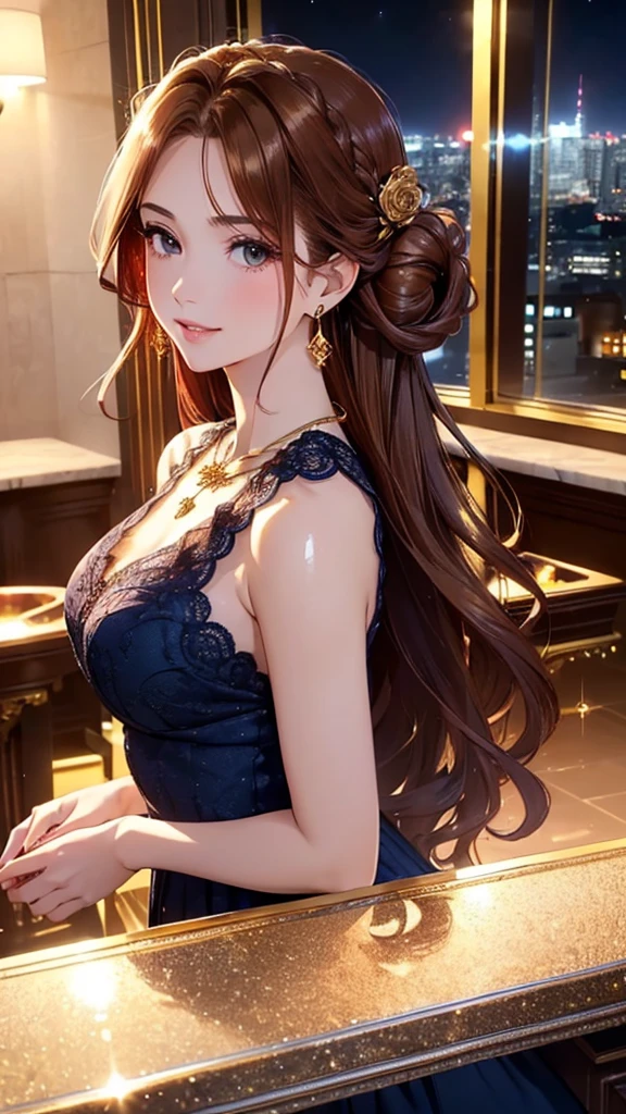 Masterpiece, Ultra High Quality, Ultra HD Quality, The most beautiful woman in history, Anime, Slender body, (very large breasts), Tall, Small face, Well-proportioned figure, Beautiful white skin, (Shiny brown hair: 1.2), ((Updo: 1.3))), (Bangs straight across), (Beautiful shining eyes), (Clear brown eyes), ((Shiny highlights: 1.3))), Long eyelashes, Pink lips, Beautiful and precise and delicate hand and finger creation, Divine smile, ((Beautiful cocktail dress))), ((navy blue dress))), ((Luxurious lace dress))), (Red rose hair accessory: 1.2), (Large earrings, Luxurious necklace, bangle, ring), Upper body, Beautiful standing posture like a fashion model, (Penthouse luxury bar and night view of buildings in the background)
