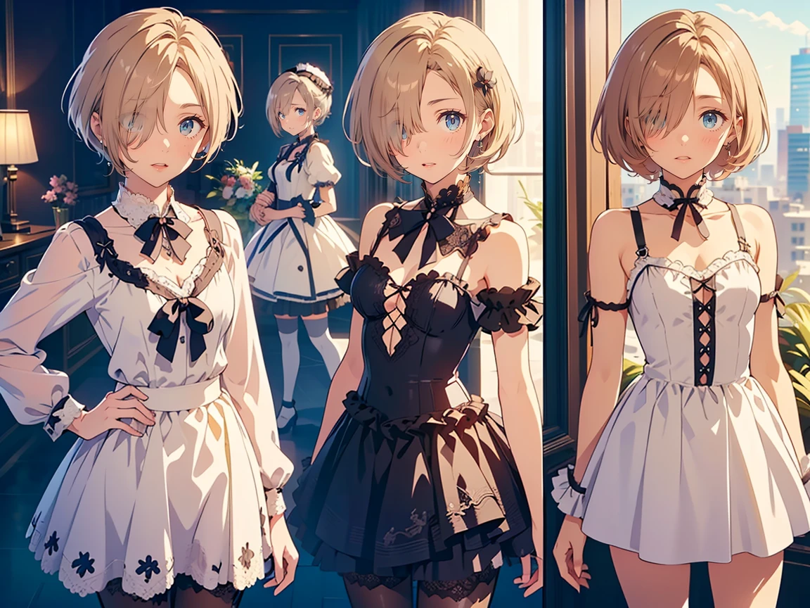 (( best quality , 8k, masterpiece:1.3)), concentrated:1.2, Perfect Body Beauty:1.4,  Highly Detailed Face and Skin Textures,  beautiful eyes,  double eyelids, break, (koume shirasaka:1.5), (short Hair:1.5), (wind, Floating Hair:1.1)、 ( purple eyes:1.1), Blonde,((hair over one eye:1.5)), break, (Perfect hands, perfect anatomy),(small breasts:1.5),(small head:1.5),(scrawny legs: 1.3),((pale bule skin)), break, (looking at viewer:1.3), break, ,((lolita fashion:1.3))、 BREAK Upper Body 、cowboy shot, (( standing picture :1.5))、((3 girls:1.5))、((multiple views:1.5))、((wide hip:1.5))
