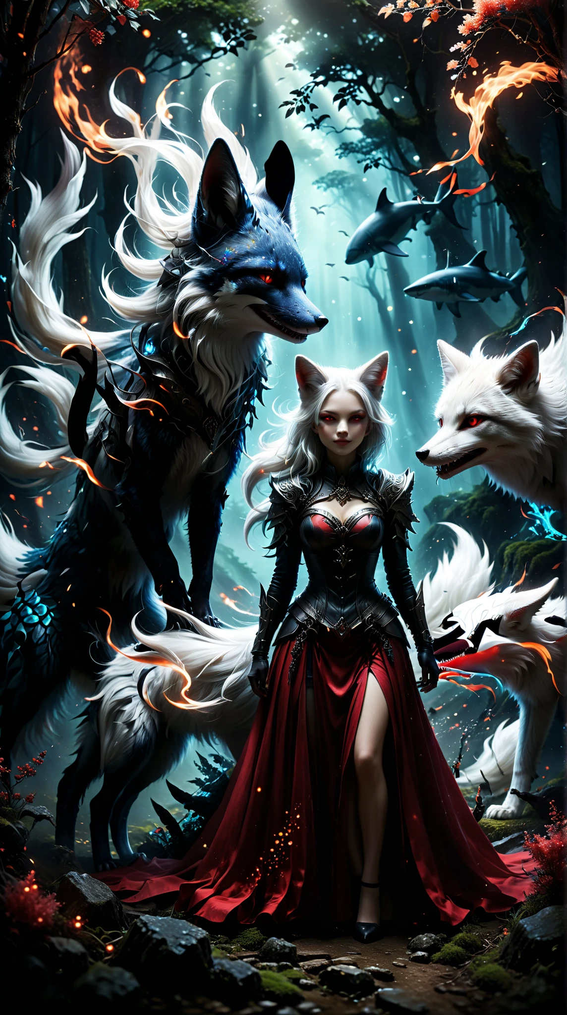  Lonely Dark Lady Knight， Mystery， Long flowing hair ， Black and Red Armored Clothing ，Red eyes，Magic pupil， Mouth Evil Makeover ， Face Spell Tattoo ，Shark Mouth ，toothy grin，  Panorama  ，full body shot， lens is rotating the skirt from top to bottom ，night， Background Misty Forest ，8K resolution，Exquisite ， Ultra HD Fox-eared Girl with White Hair ， full body female love ， Drawing of a white fox sitting on a branch，Spirit Fox ，Nine-Tailed Fox狐，fox three-tailed fox，Yinyang Master Detail Figure ，Nine-Tailed Fox，mythical creatures，red fox，( Fighting posture )， beautiful digital artwork ， Beautiful digital illustration izutsune  , 以mythical creatures野網為靈感，