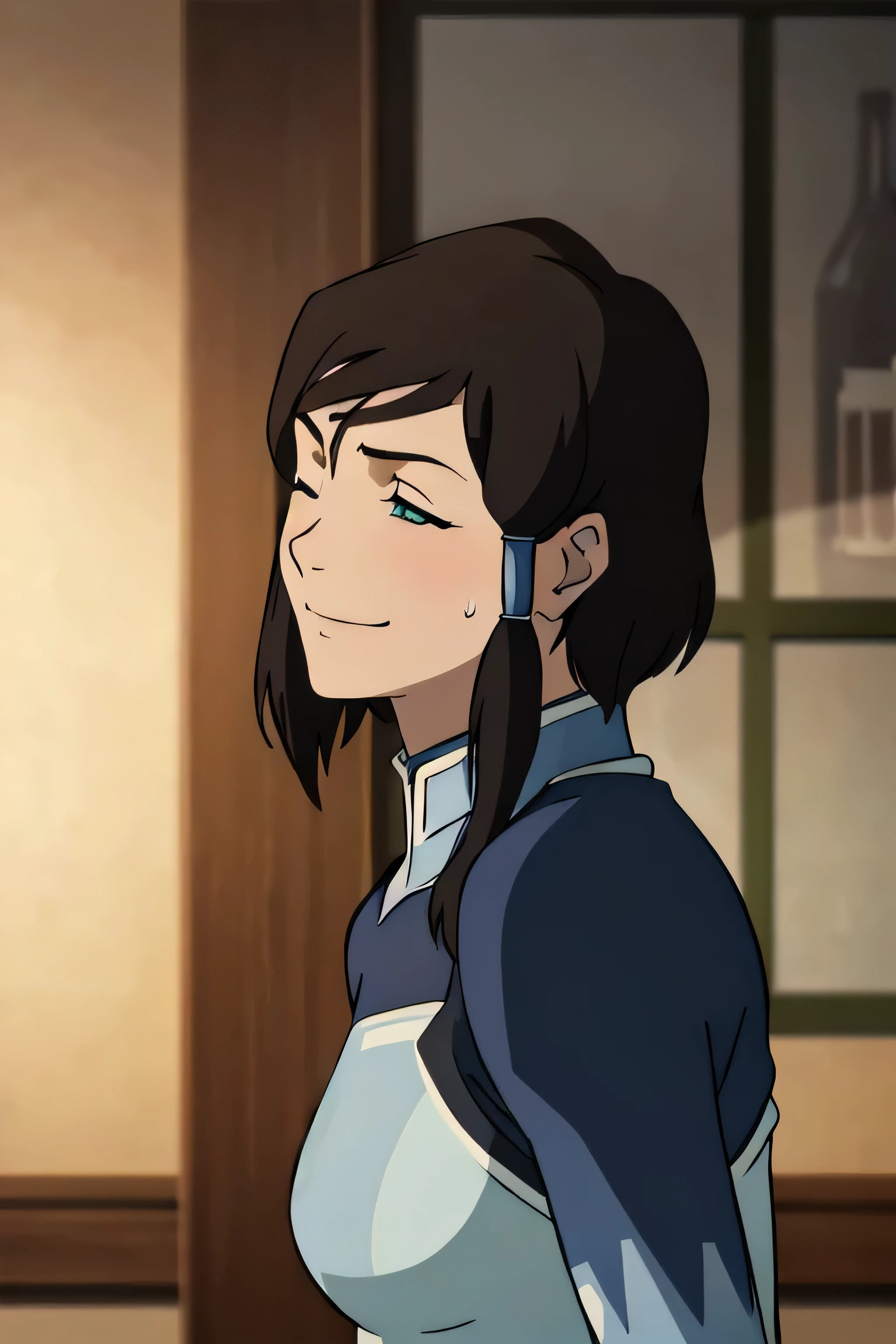 Korra,1girl, solo, upper body, side view, viewed from side, smile, sensual expression,eyes closed,leaning forwards,leaned forwards,sweaty